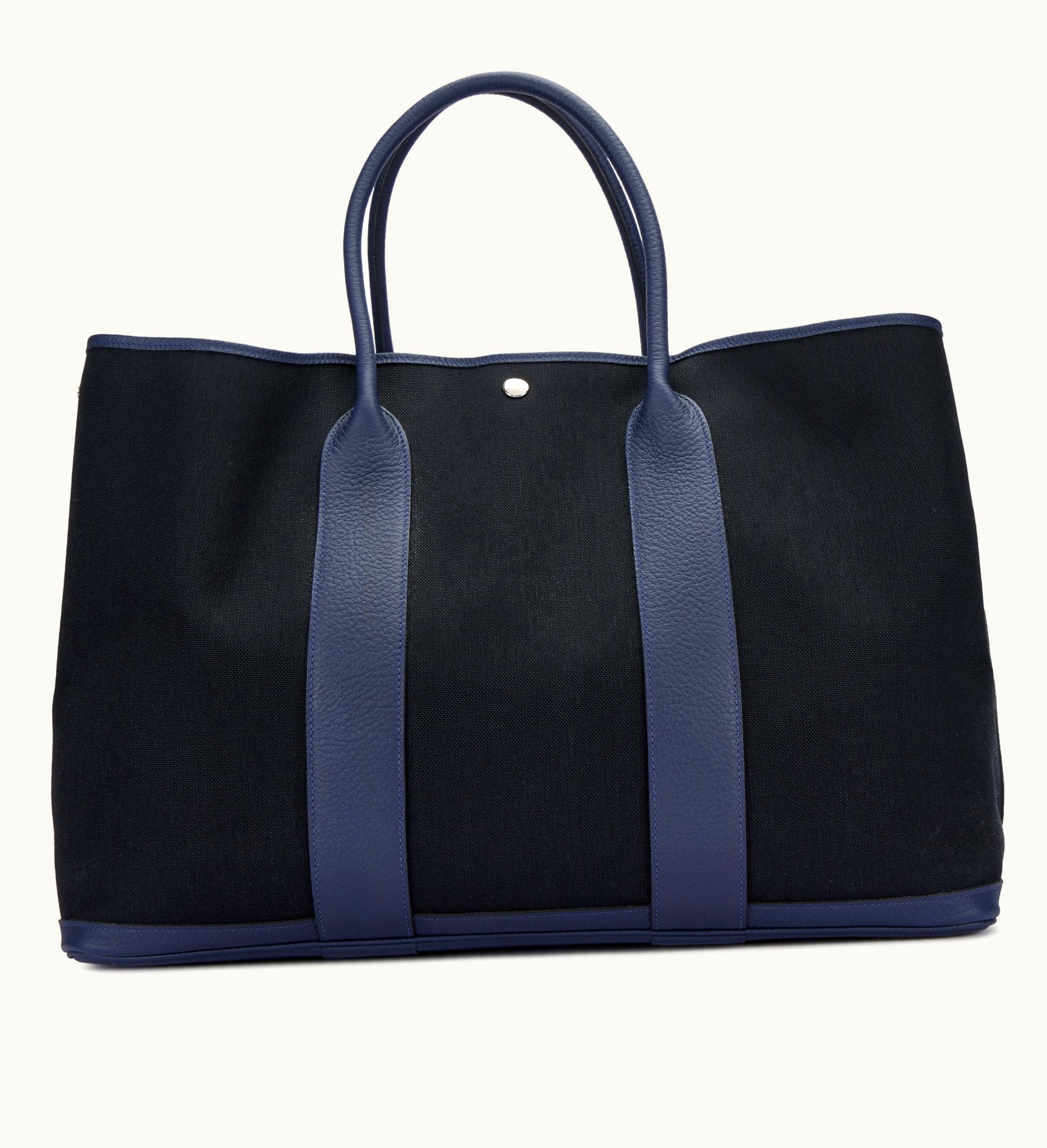 Hermès Garden Party 49 in Black Toile and Bleu Indigo Negonda, adorned with Palladium Hardware - 2019 Edition