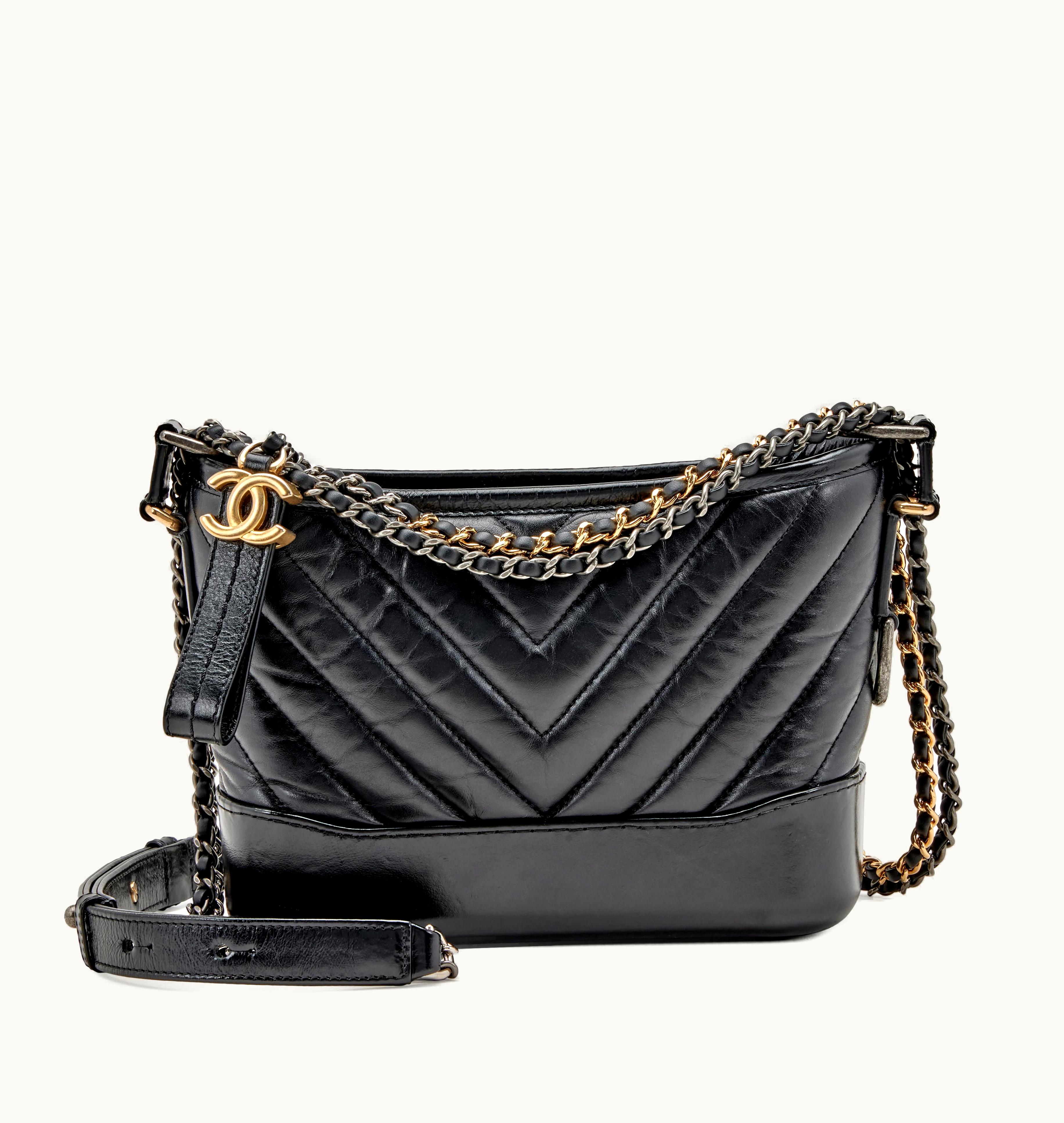 Chanel Small Gabrielle Hobo in Black Chevron Quilted Aged Calfskin with Gold and Ruthenium Hardware from the year 2018