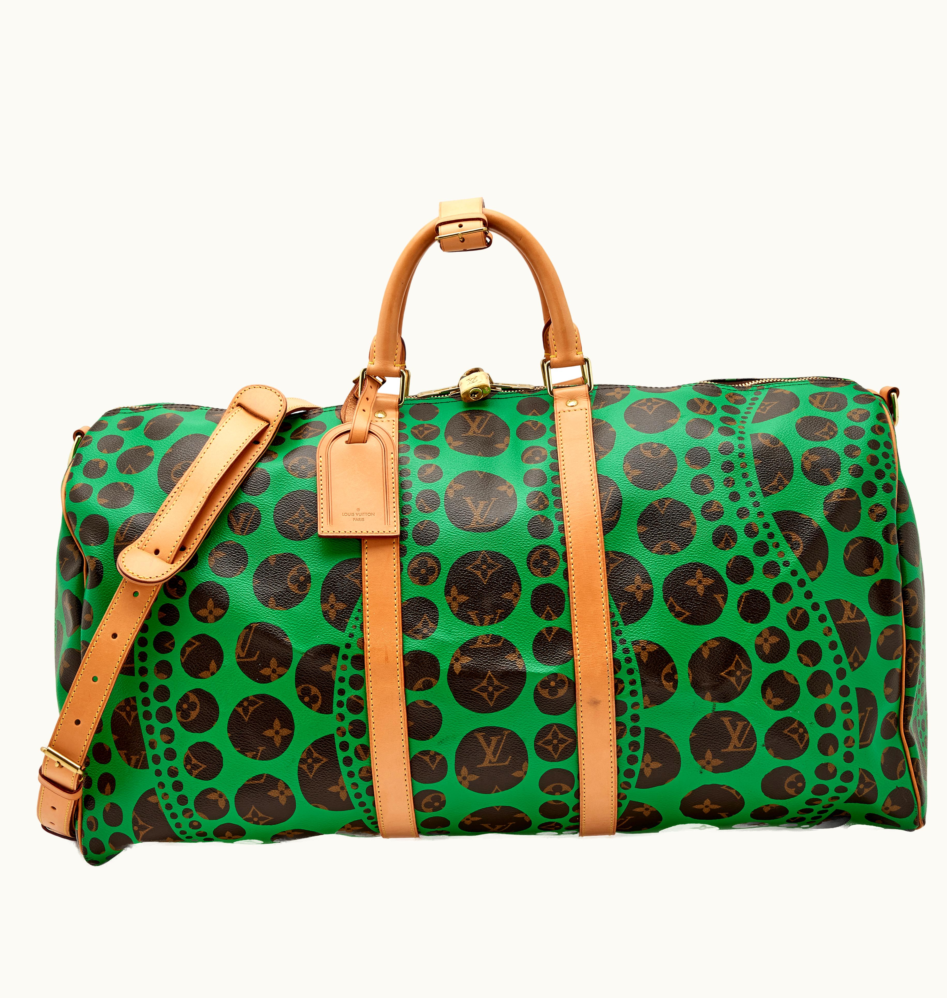 Louis Vuitton 2012 Louis Vuitton Yayoi Kusama Green Pumpkin Infinity Dots Monogram Coated Canvas Keepall Bandoulière 55 Gold Hardware