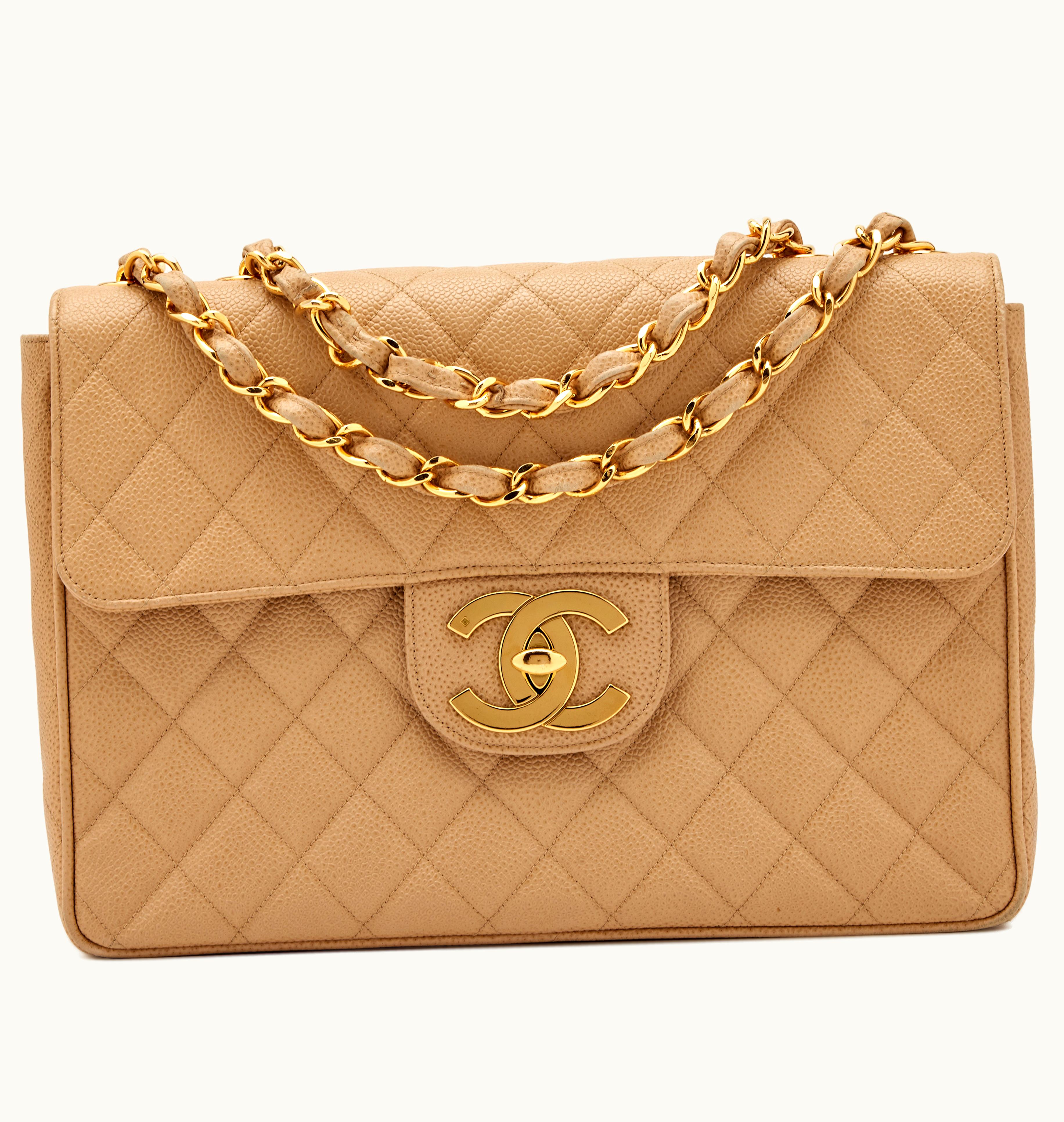 Chanel Oversized XL CC Gold Hardware Beige Quilted Caviar Jumbo Classic Single Flap Bag from 1994-1996