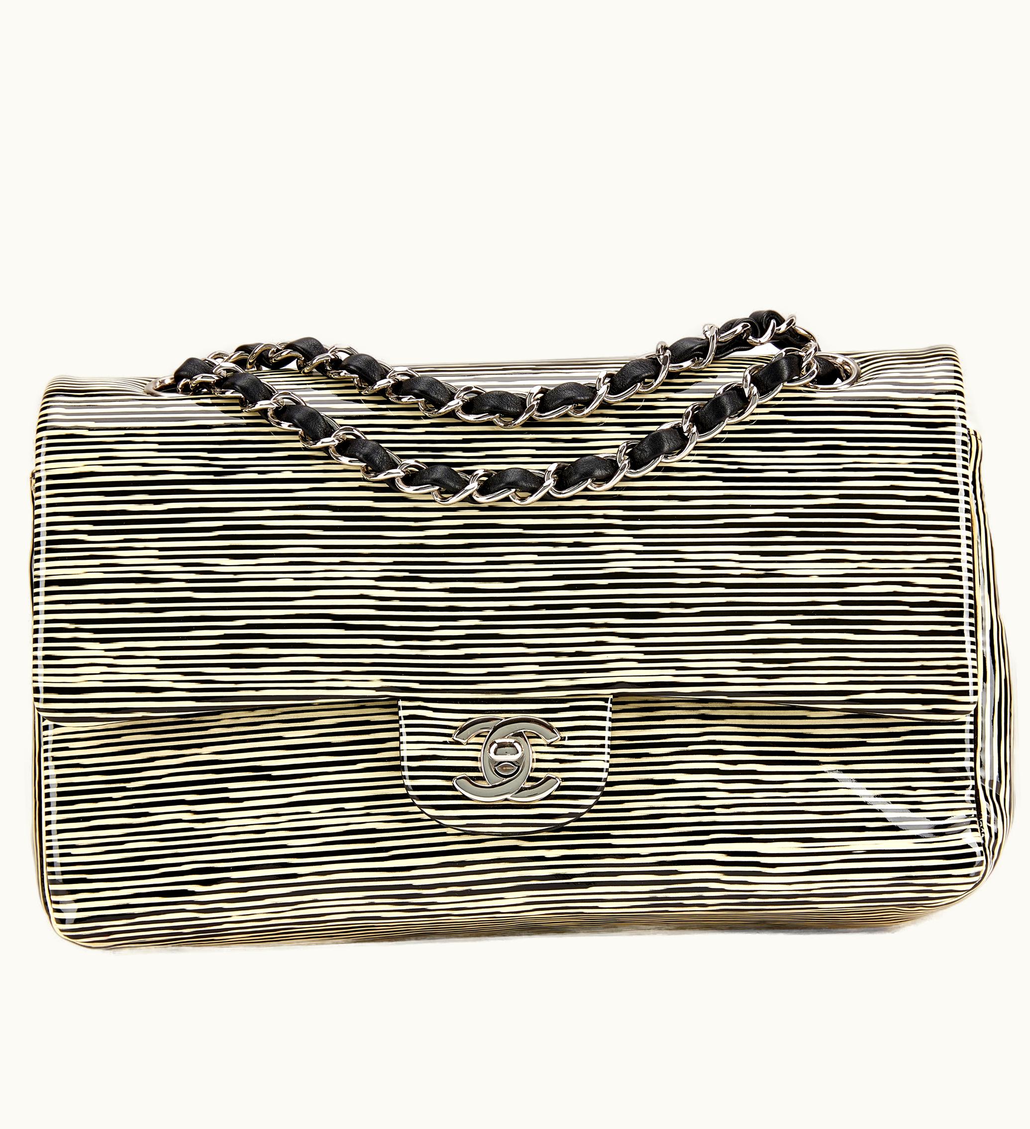 Chanel Black and Beige Striped Patent Double Flap Bag with Silver Hardware, Circa 2014