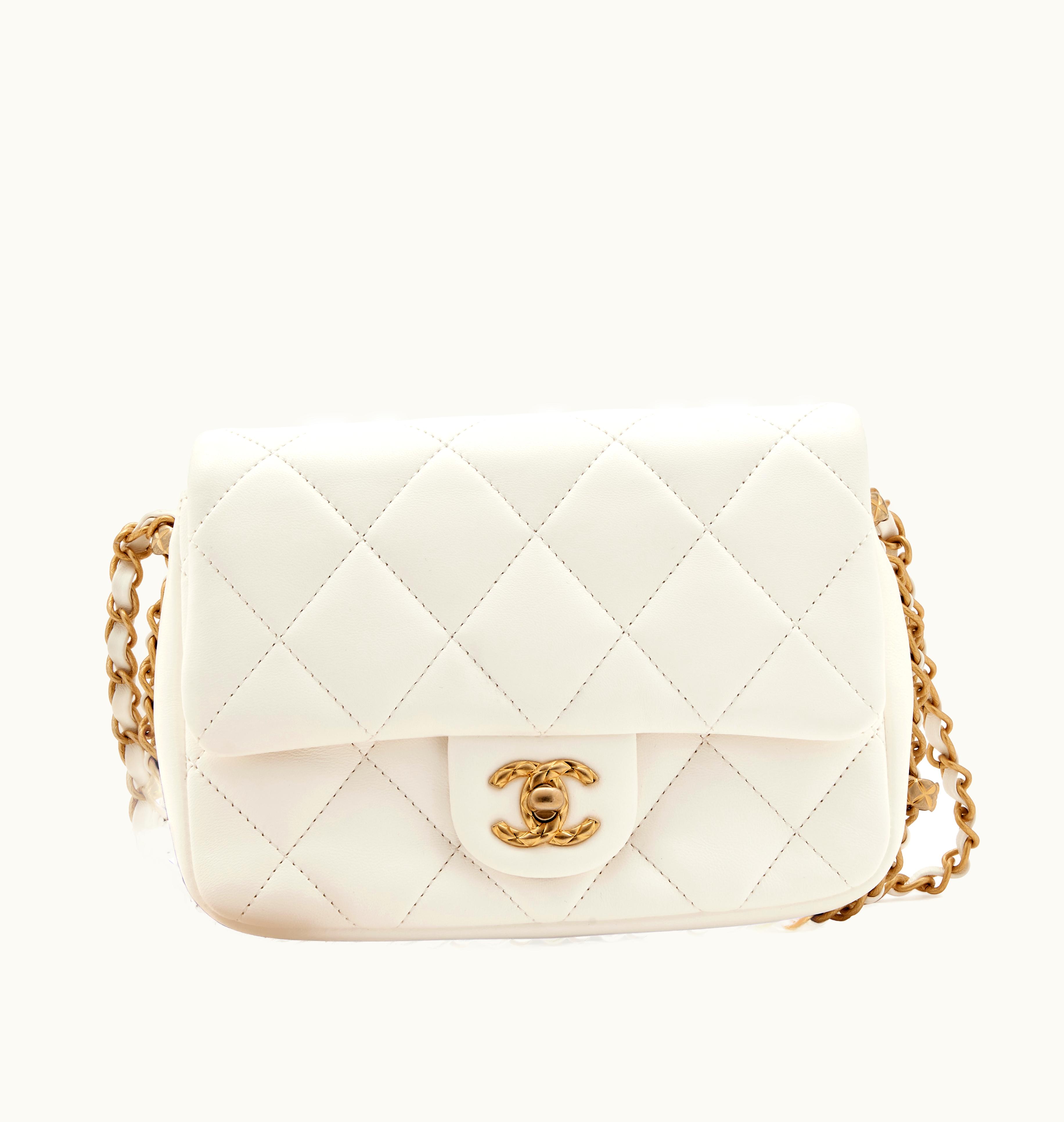 Chanel Mini Chain Around Flap Bag in Aged Gold Hardware with White Quilted Lambskin, 2023