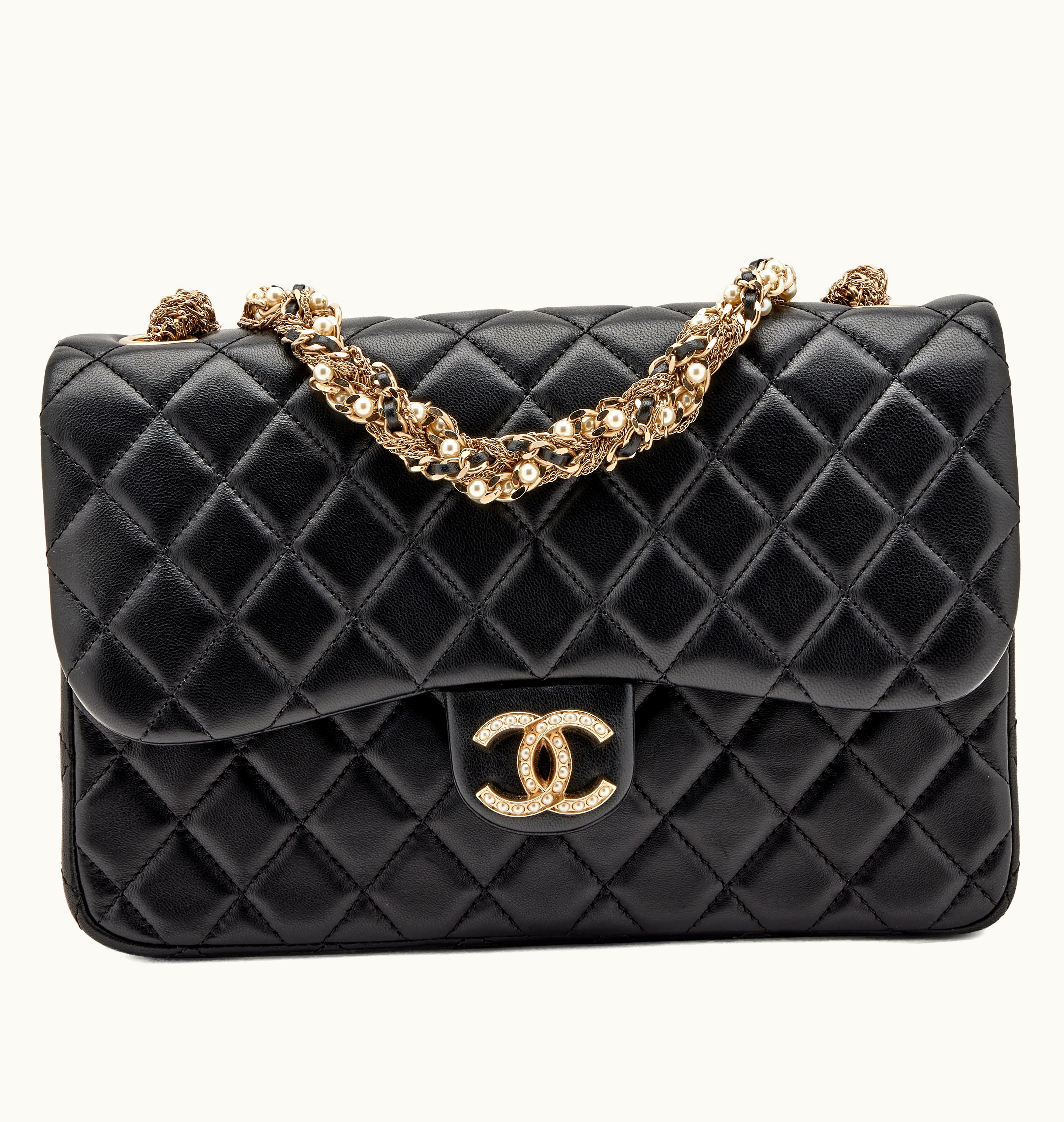 Chanel Westminster Embellished Imitation Pearl Chain Medium Flap Bag in Black Quilted Design, adorned with Gold Hardware - Chanel, 2014 edition
