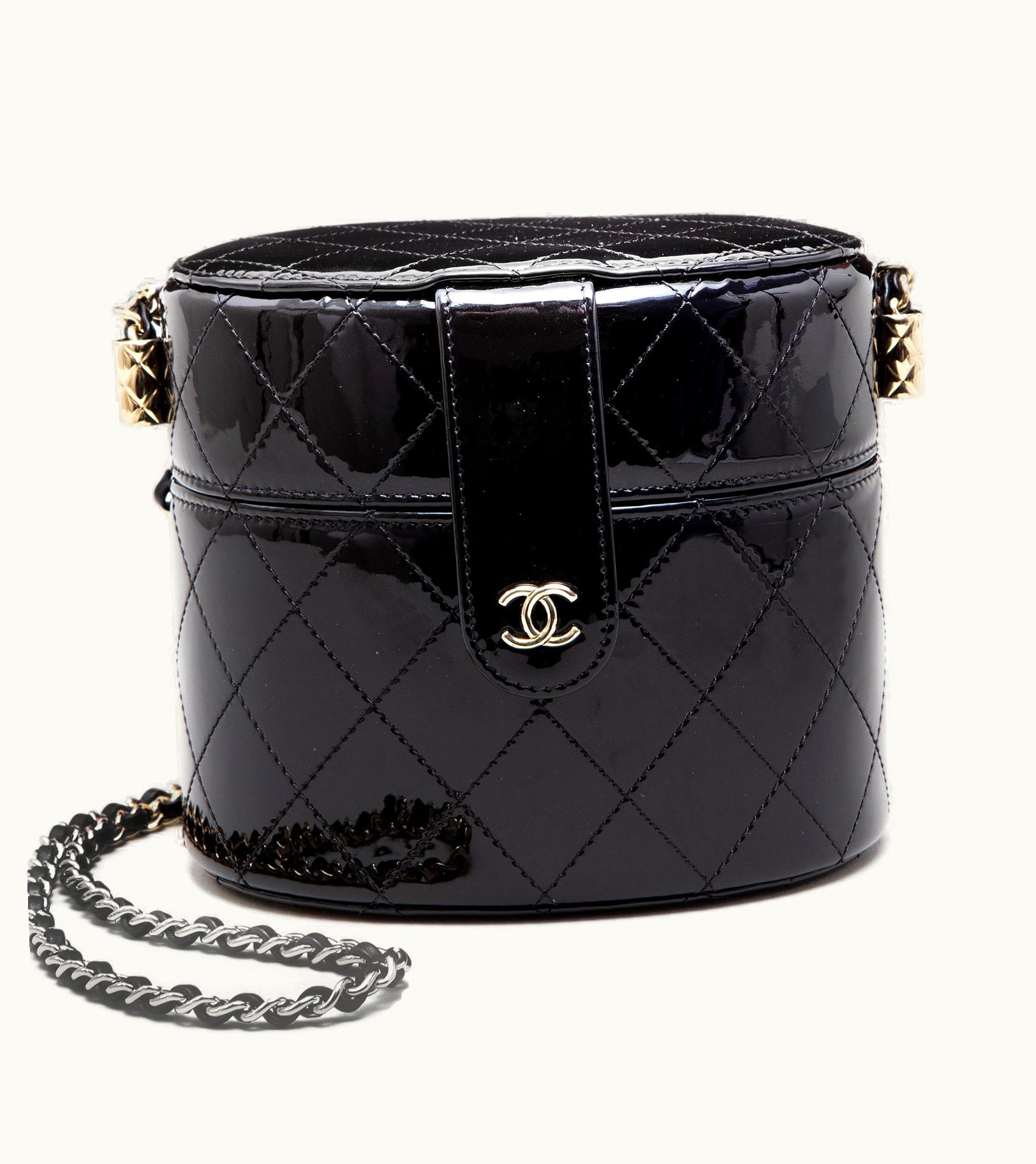 Chanel Small Vanity in Black Quilted Patent Lambskin with Pale Gold Hardware, 2020 and Chain