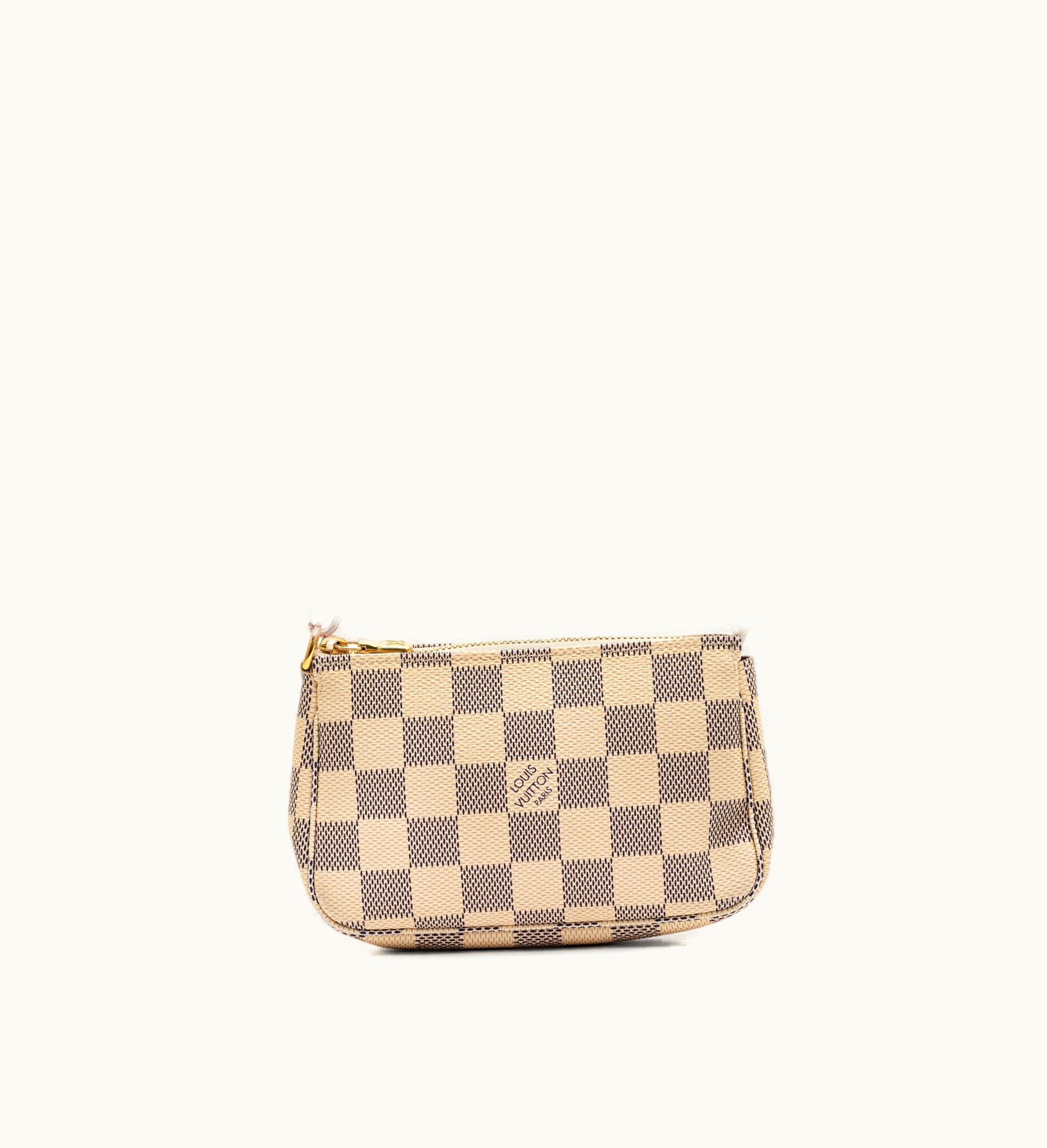 Louis Vuitton 2015 Louis Vuitton Mini Pochette Accessoires with Gold Hardware, featuring a White and Blue Damier Azur Coated Canvas