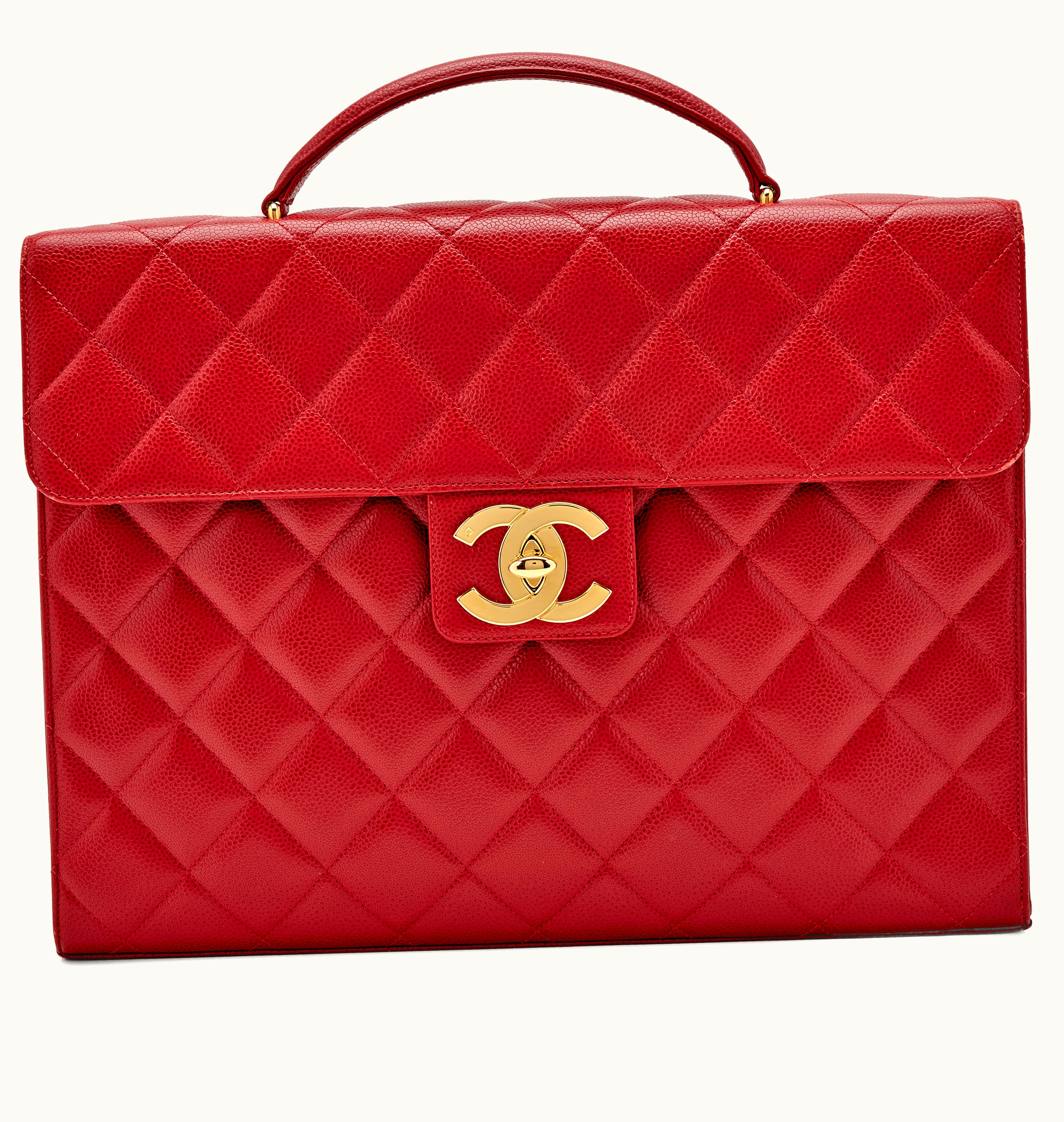 Chanel CC Quilted Caviar Briefcase with Gold Hardware from 1996-1997 in a vibrant red hue