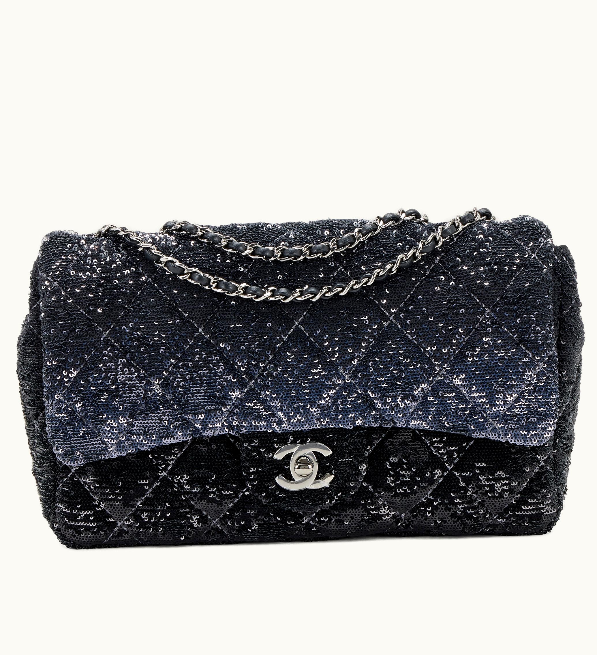 Chanel 2020 Medium Classic Single Flap in Reversible Sequin, featuring Black and Blue Quilted Design with Silver Hardware