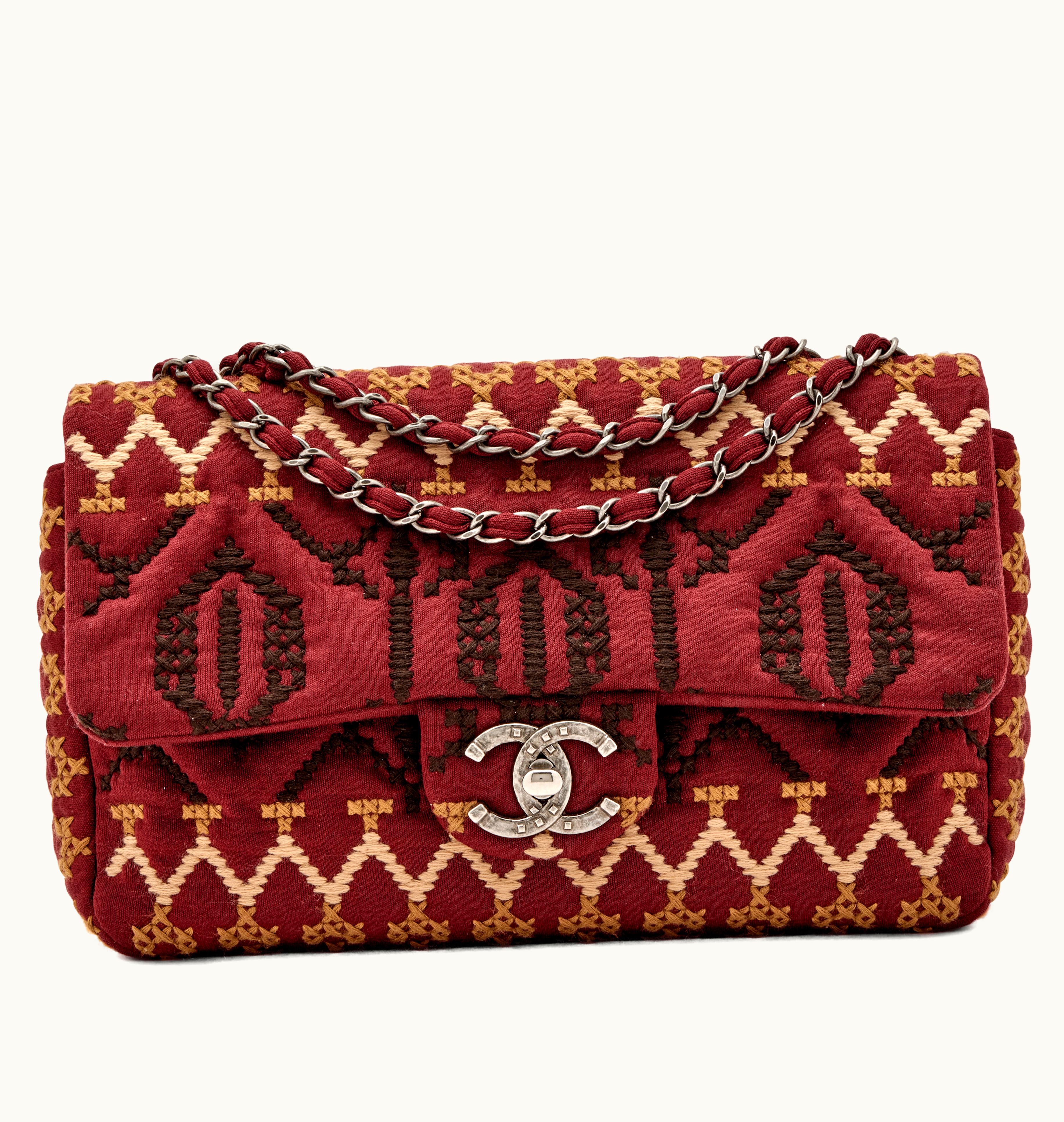 Chanel Red Burgundy and Multicolored Paris-Dallas Embroidered Jumbo Flap Bag featuring Ruthenium Hardware, manufactured between 2014 and 2015