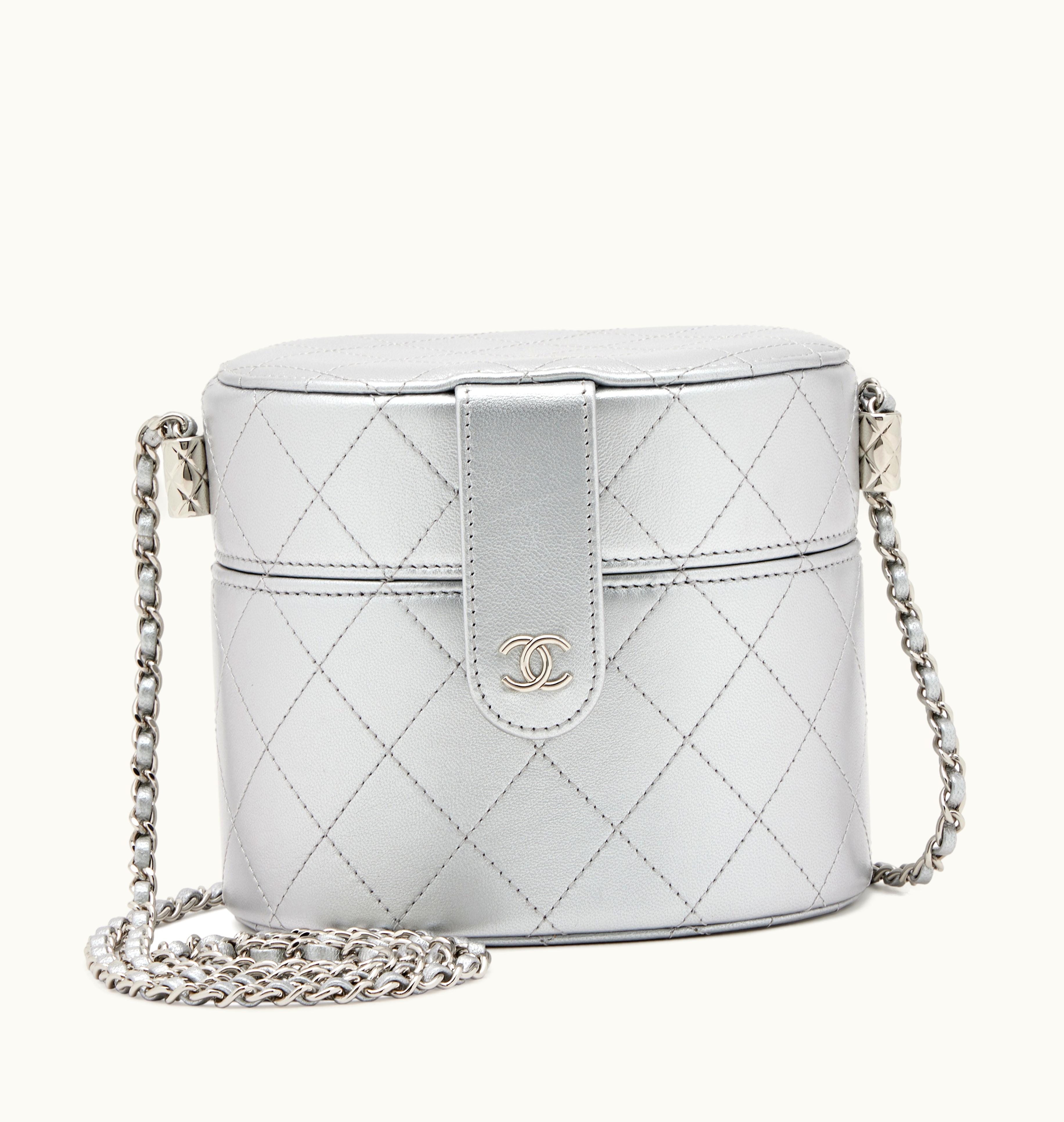 Chanel 2020 Chanel Metallic Silver Round Vanity Clutch featuring Silver Hardware and a Chain