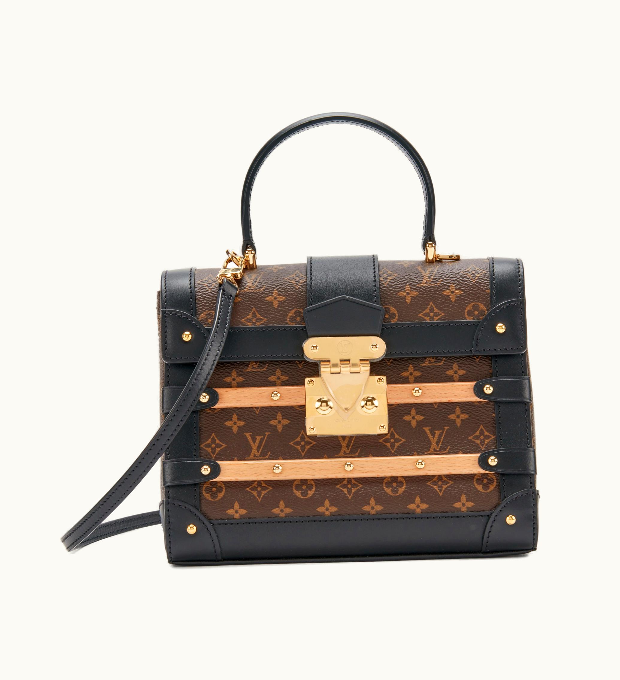 Louis Vuitton Trianon PM in Brown Mini Monogram Coated Canvas with Wood and Black Leather, highlighted by 2021 Gold Hardware