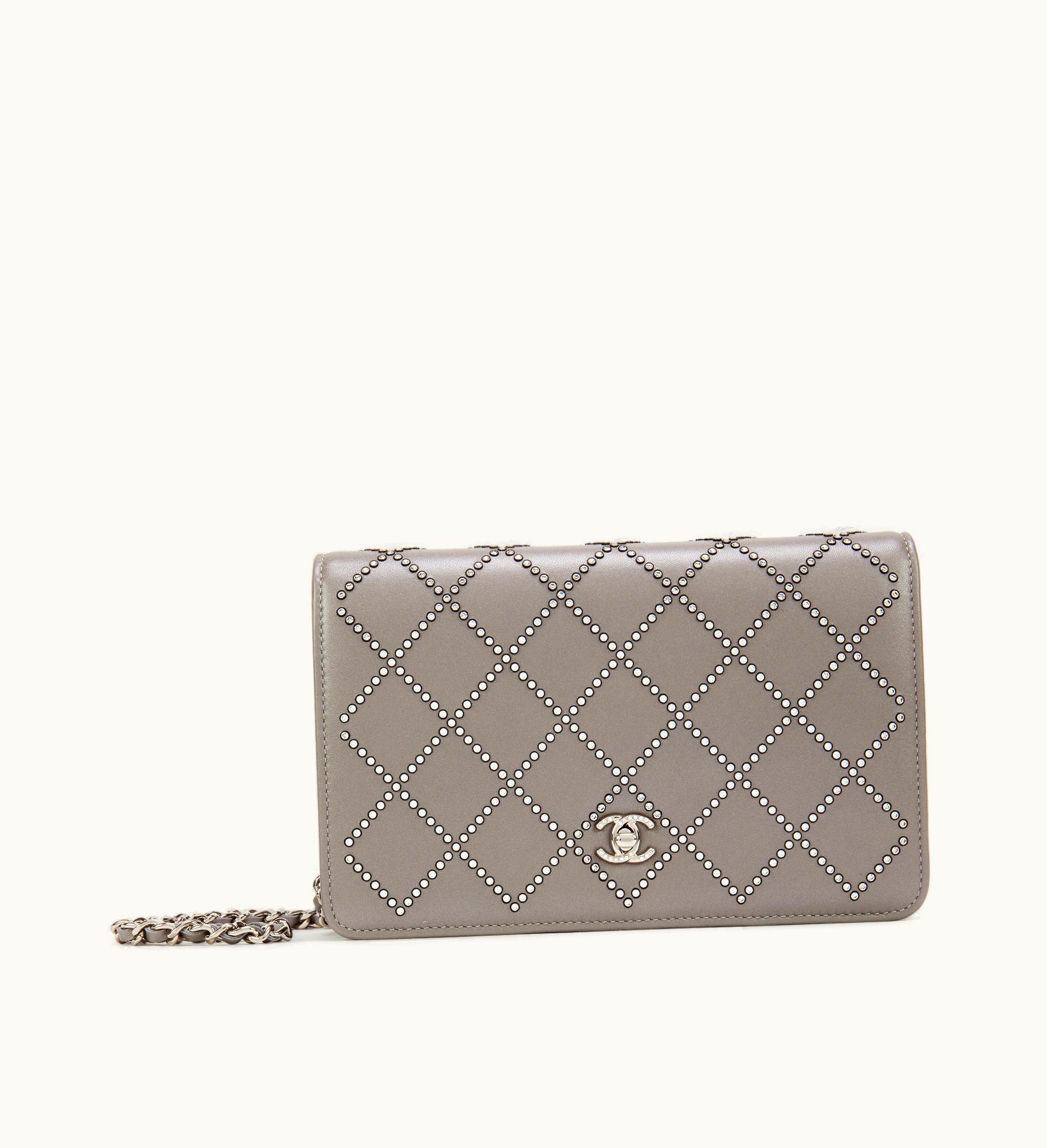 Chanel Strass Wallet on Chain 2020, featuring Metallic Silver Lambskin and Silver Hardware