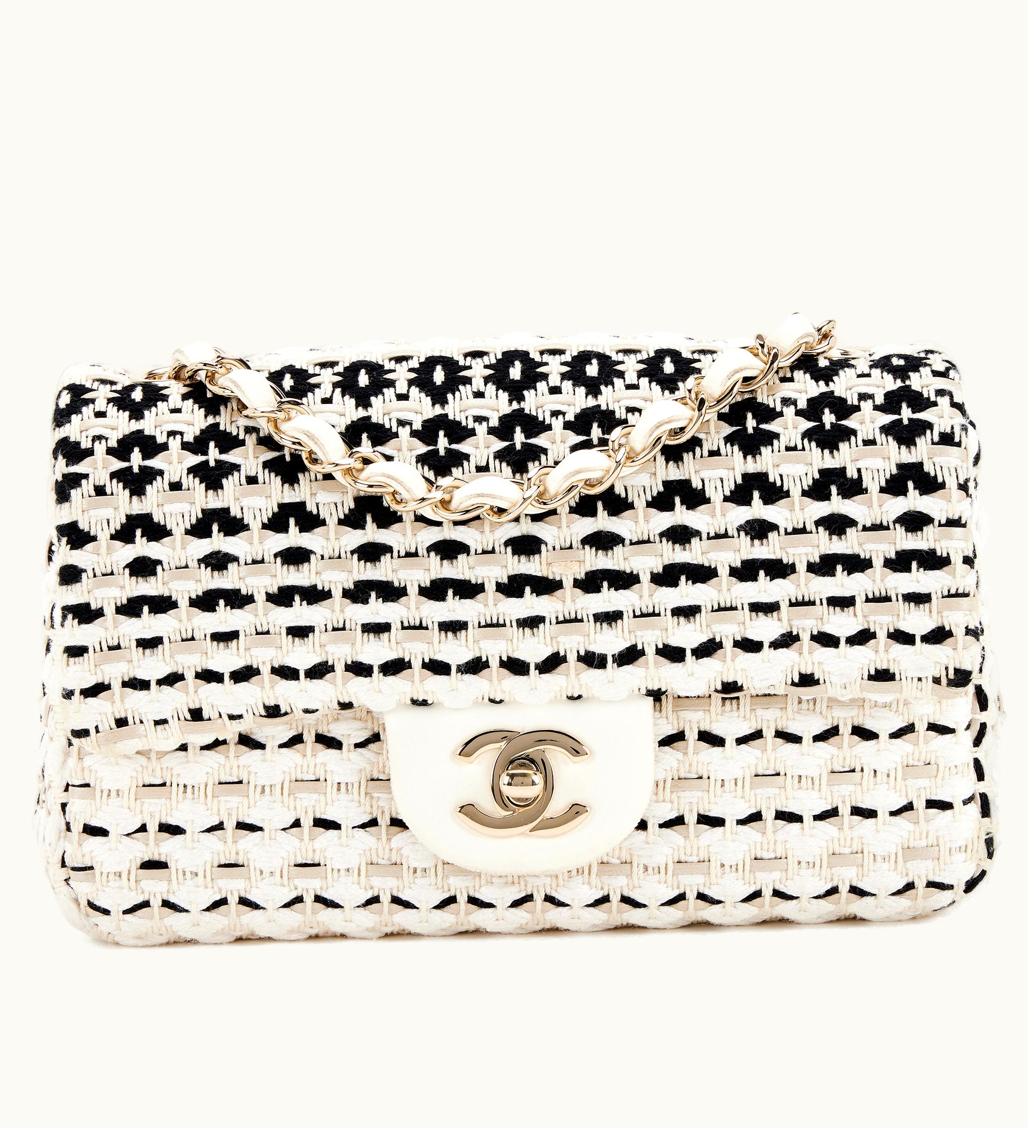 Chanel Mini Rectangular Classic Single Flap Gold Hardware in White and Black Woven Cotton Raffia Tweed, 2019