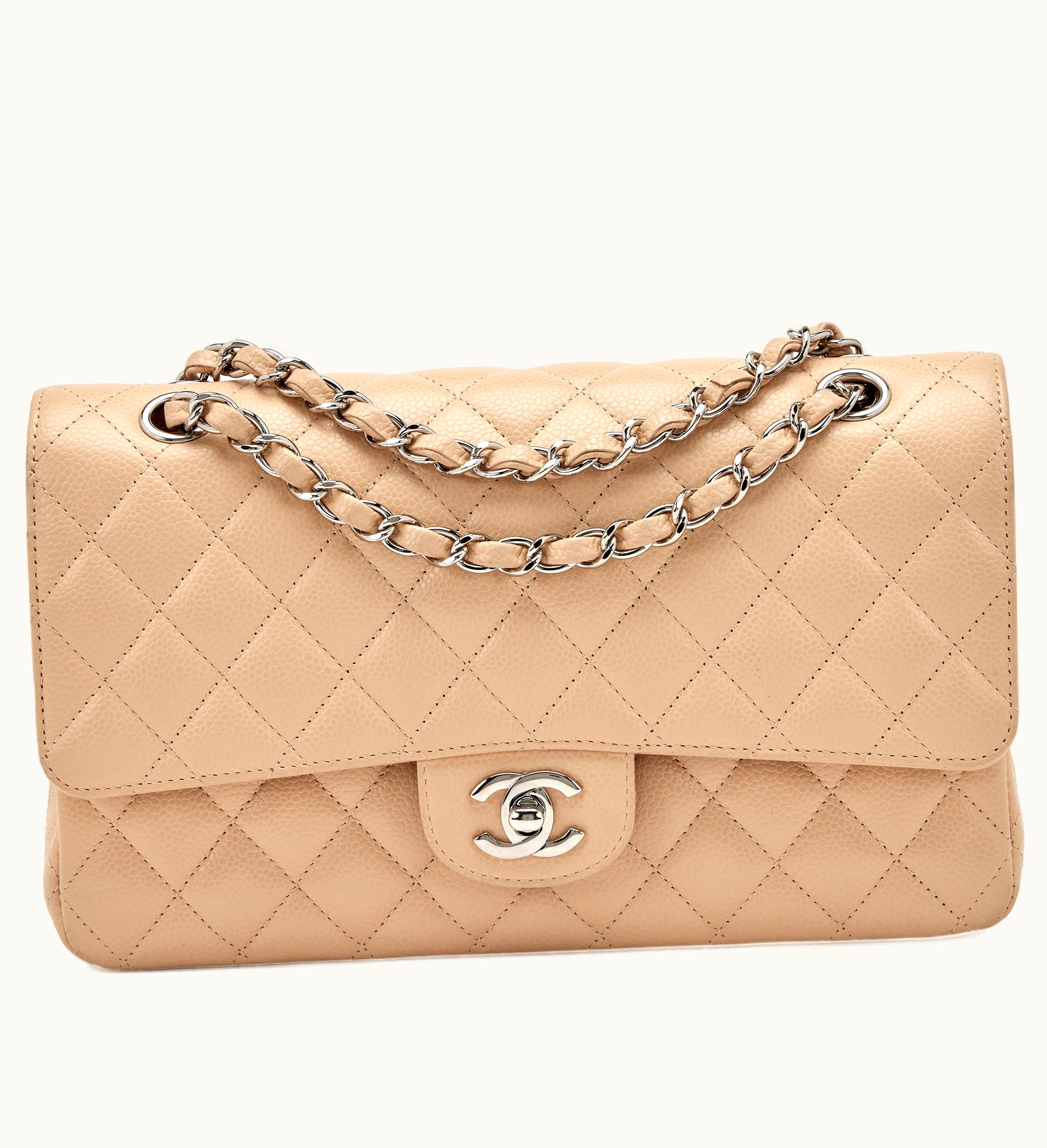 Chanel Small Classic Double Flap Silver Hardware in Beige Quilted Caviar, 2010-2011