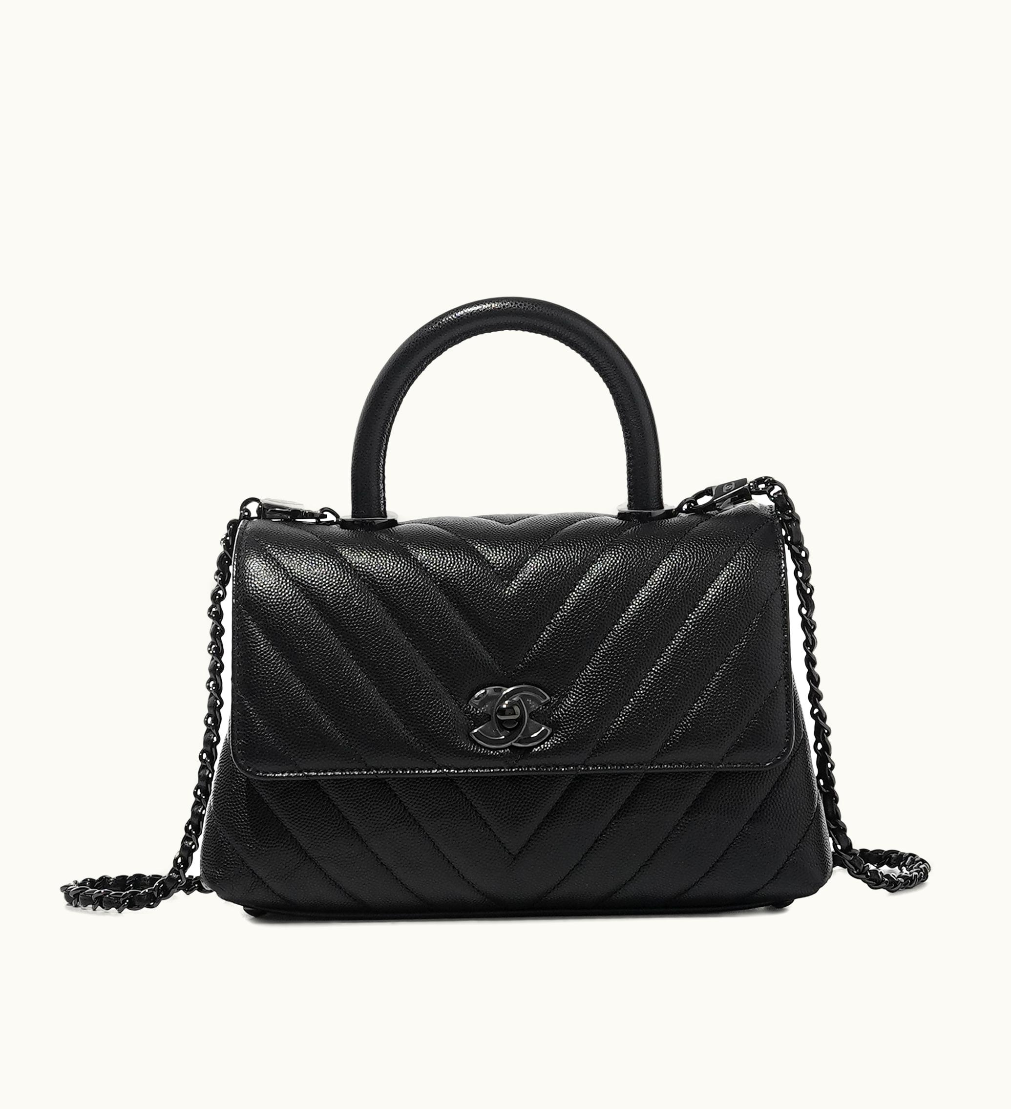 Chanel Black Hardware Chanel Small Coco Top Handle Flap Bag in Chevron Caviar with a Black color, 2023