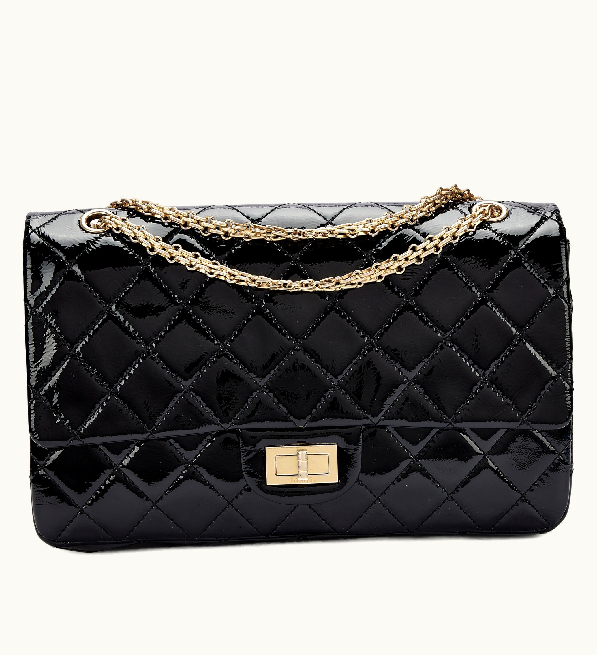Chanel Black Patent Quilted Reissue 227 Double Flap with Brushed Gold Hardware, from the collection of 2013-14