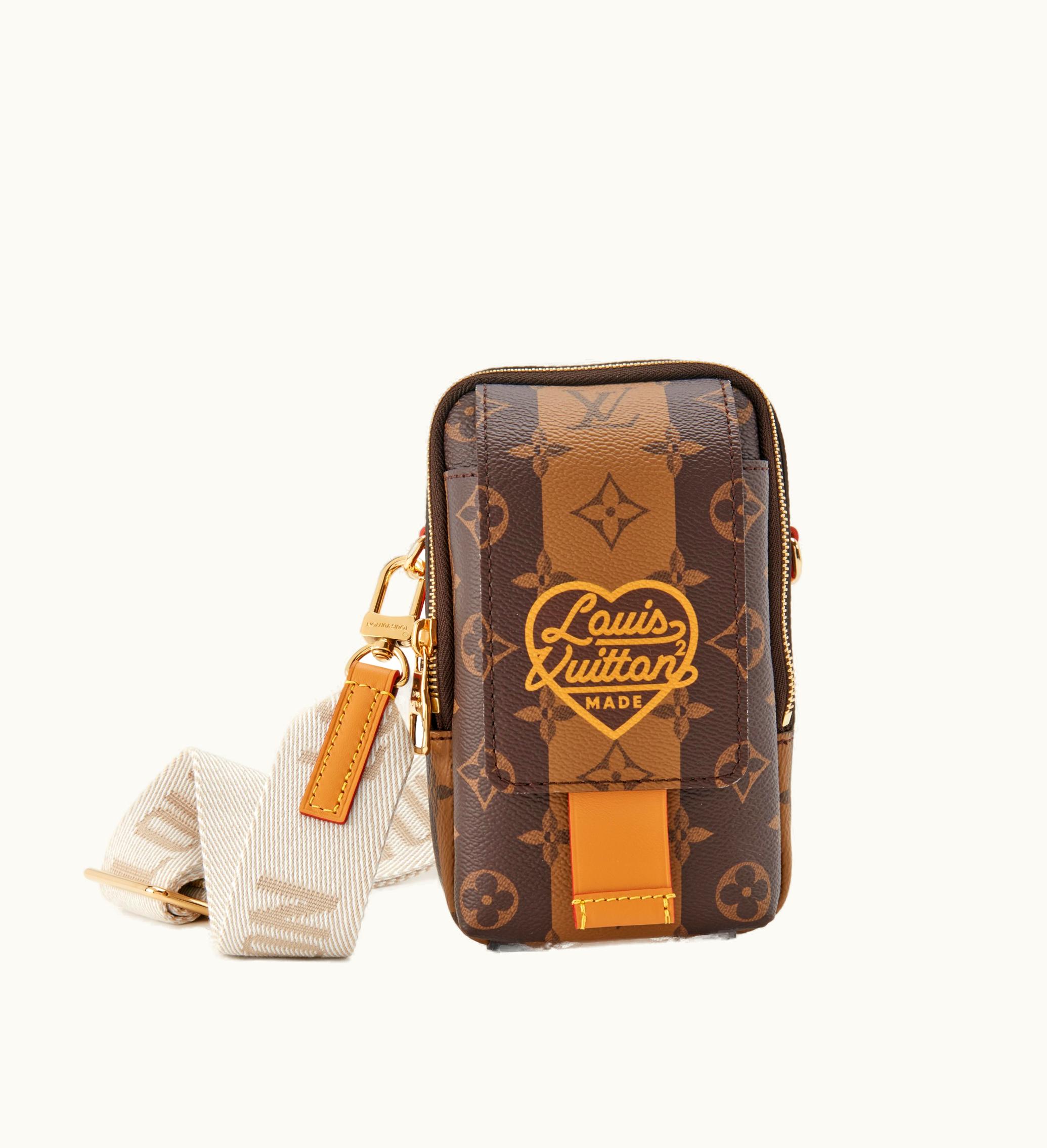 Louis Vuitton 2021 Double Phone Pouch by Louis Vuitton x Virgil Abloh x NIGO: Coated Canvas Flap with Brown Monogram Stripes, Gold Hardware