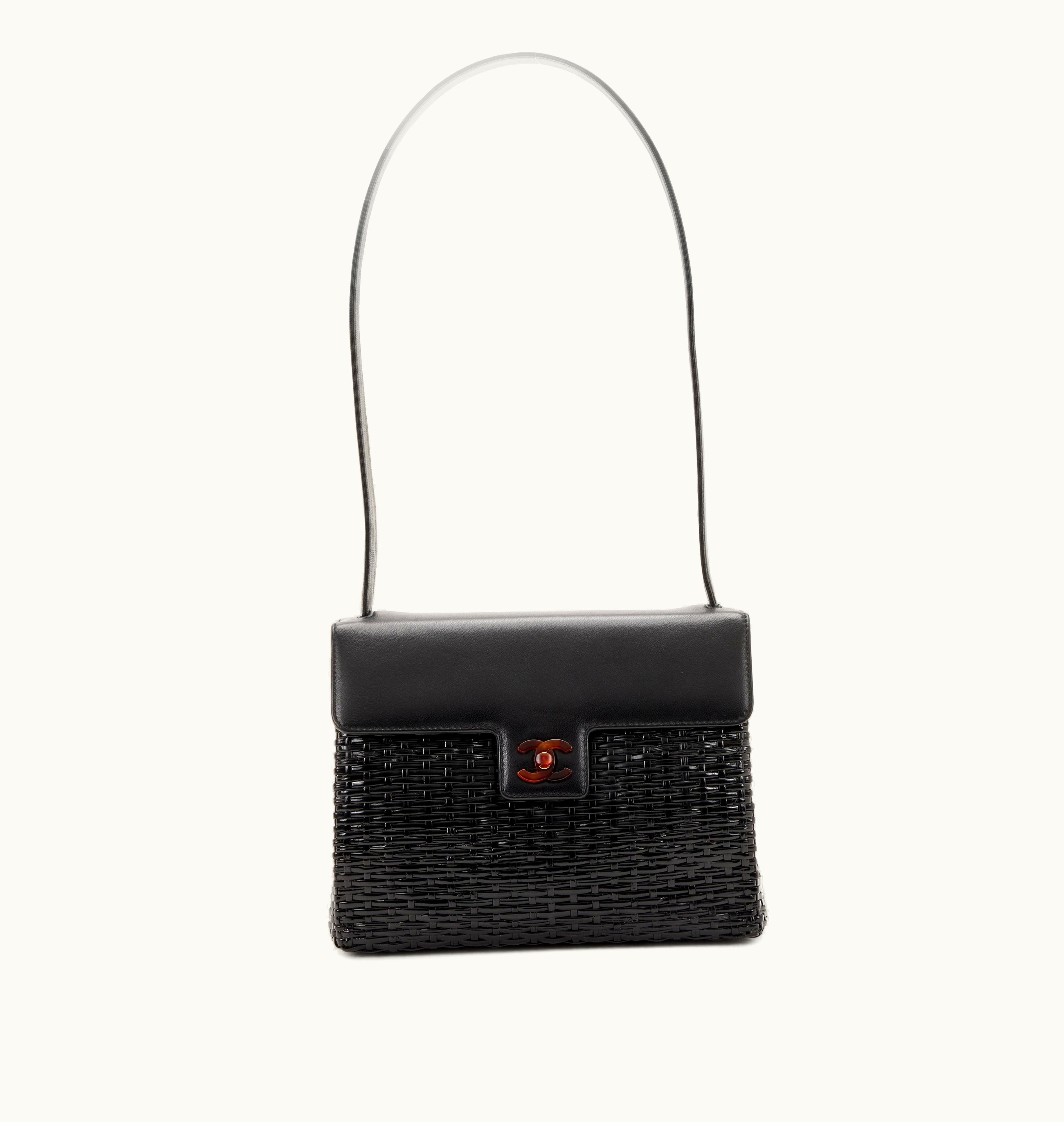Chanel Black Wicker Rattan and Lambskin Basket Flap showcases Tortoiseshell Bakelite Hardware between 1997 and 1999