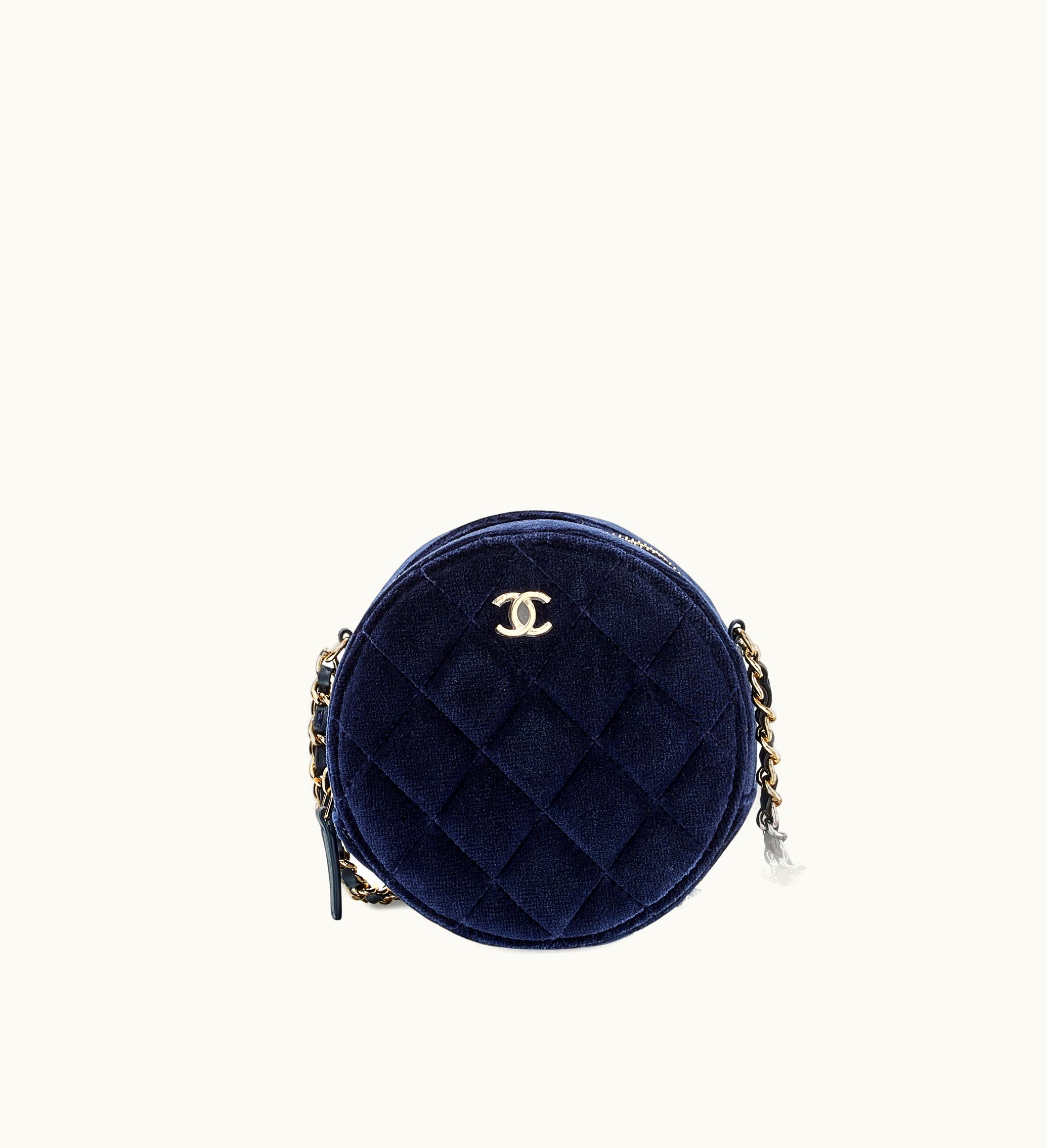 Chanel Velvet Round Clutch with Gold Chain Strap in Navy Blue, 2020 Edition