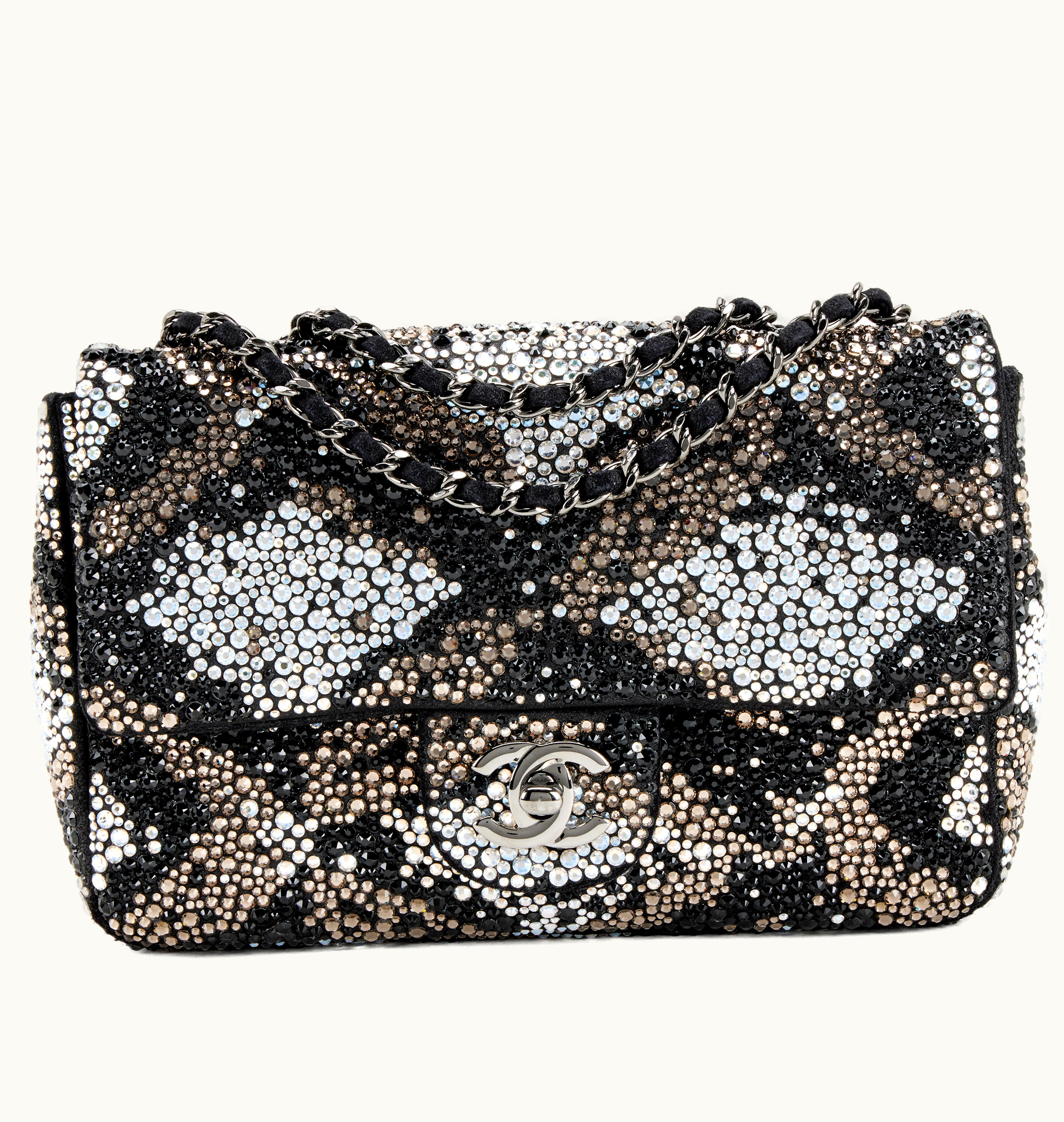 Chanel White, Black, and Metallic Gold Strass, and Black Iridescent Calfskin Embellished Small Classic Single Flap Ruthenium Hardware, 2018-2019