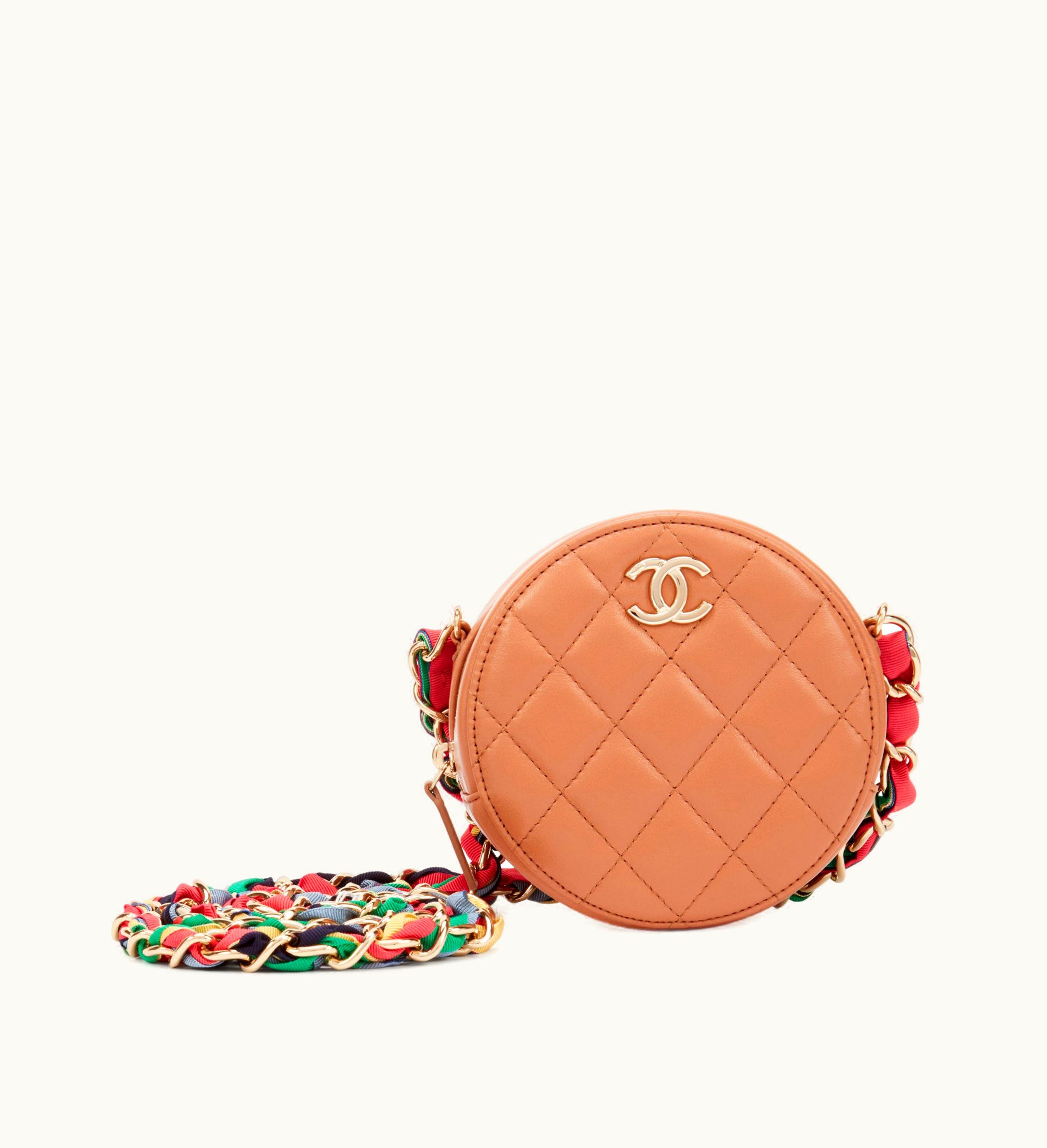 Chanel 2021 Chanel Brown Round Clutch with Shimmering Lambskin and Ribbon, Enhanced by Gold Hardware and Chain