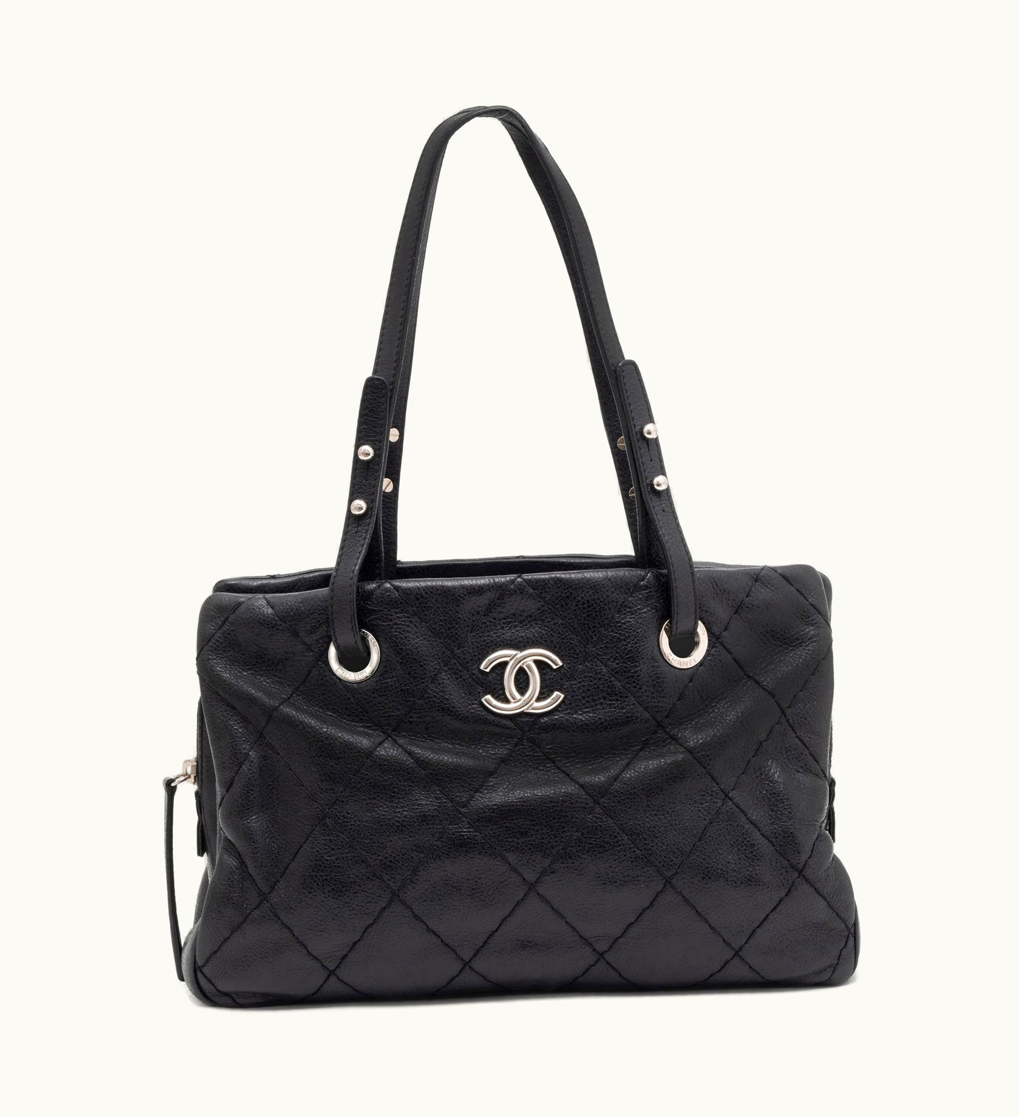 Chanel Small On The Road Tote: Glazed Leather, Black Quilted, Silver Hardware (2010-2011)