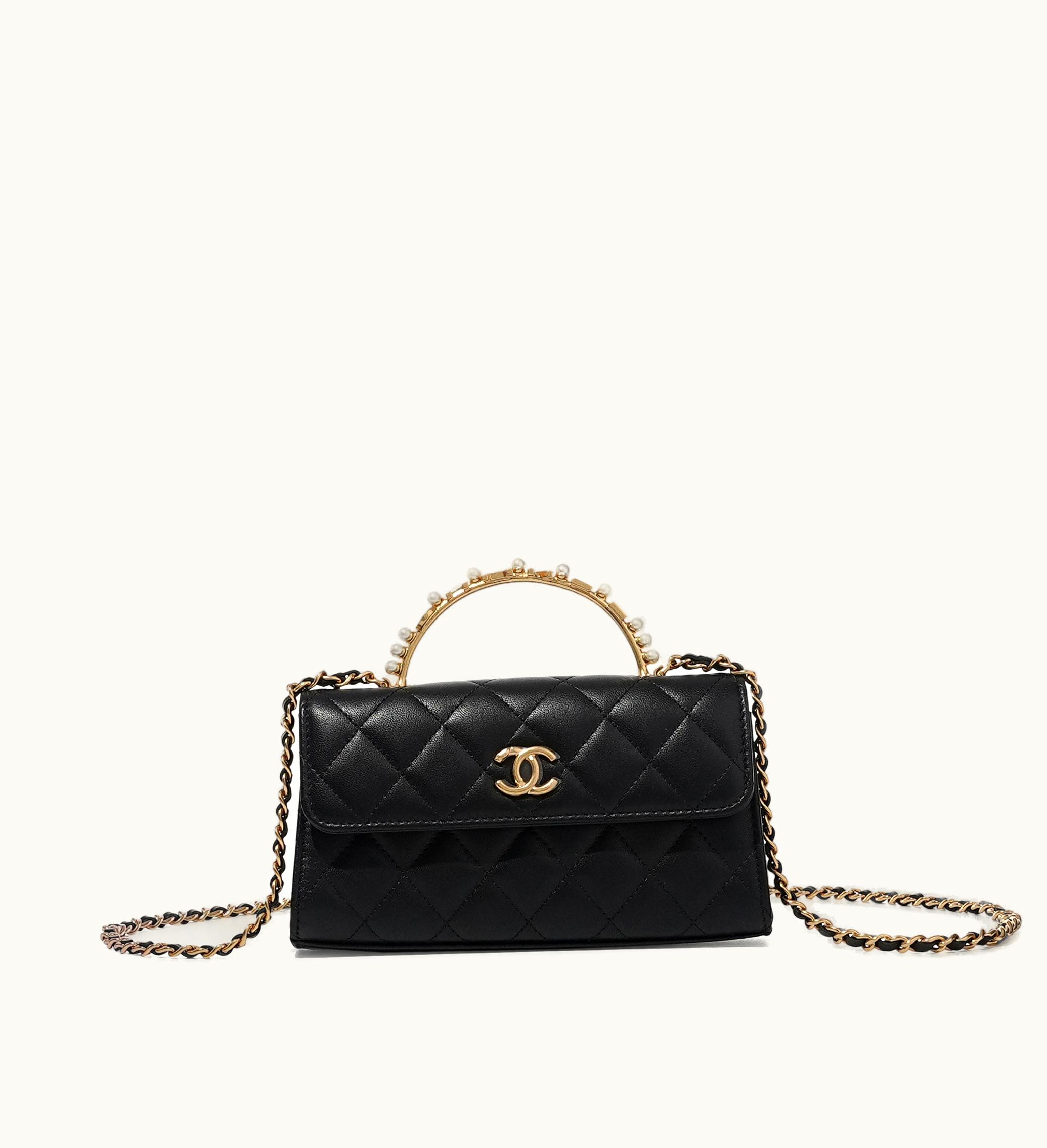 Chanel Black Lambskin Top Handle Clutch with Quilted Design and Gold Chain Hardware by Chanel
