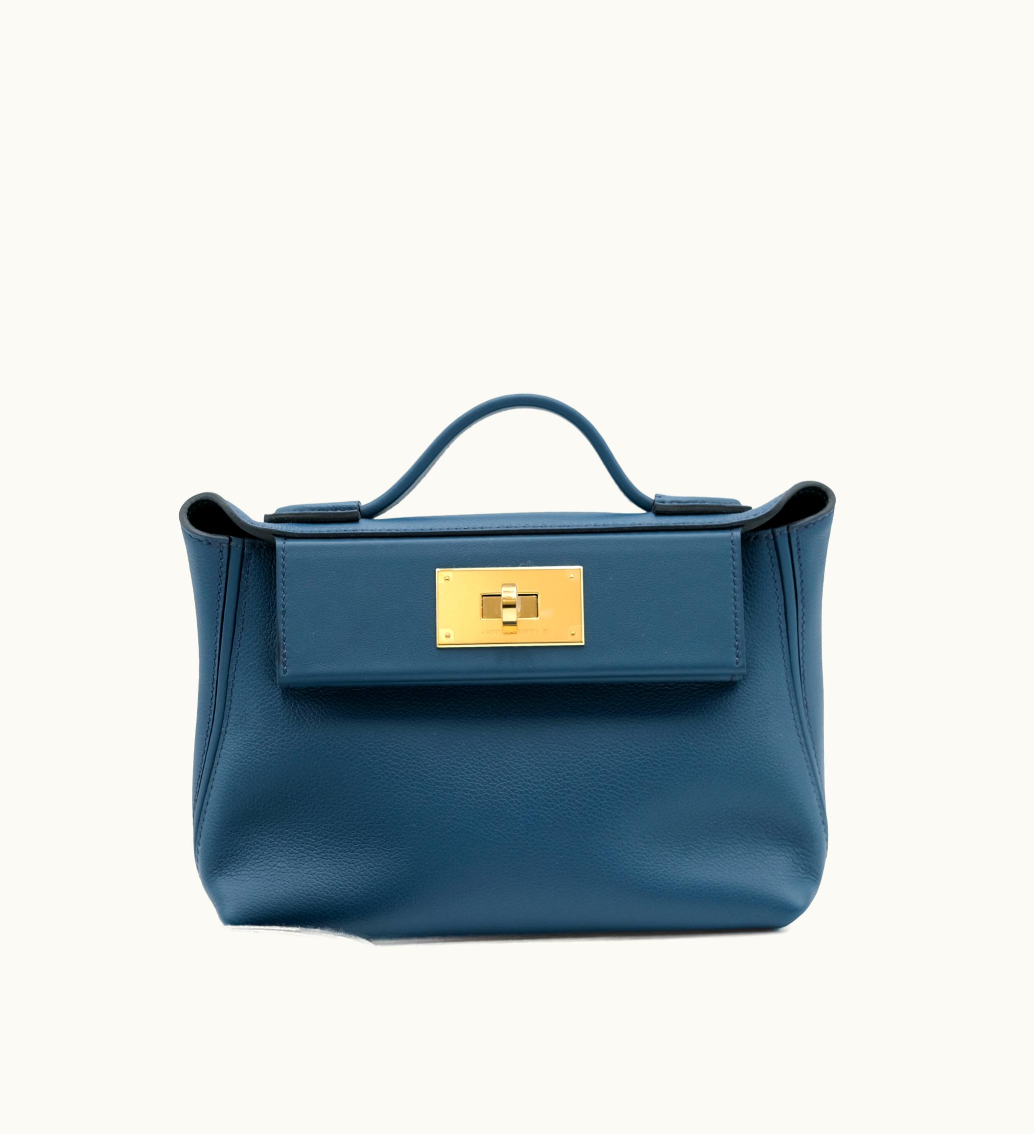 Hermès Evercolor Mini 24/24 in Blue de Prusse and Swift in Black with 21k Gold Hardware