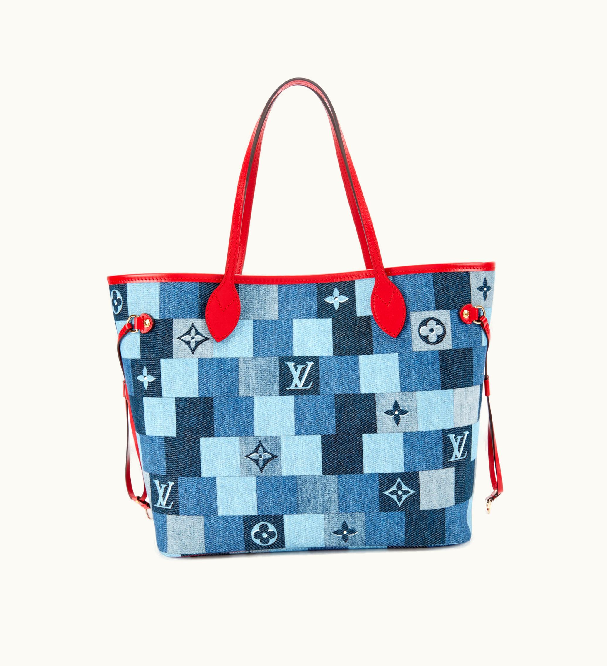 Louis Vuitton 2019 Neverfull MM Gold Hardware Louis Vuitton Patchwork Denim in Blue and Red Damier Monogram