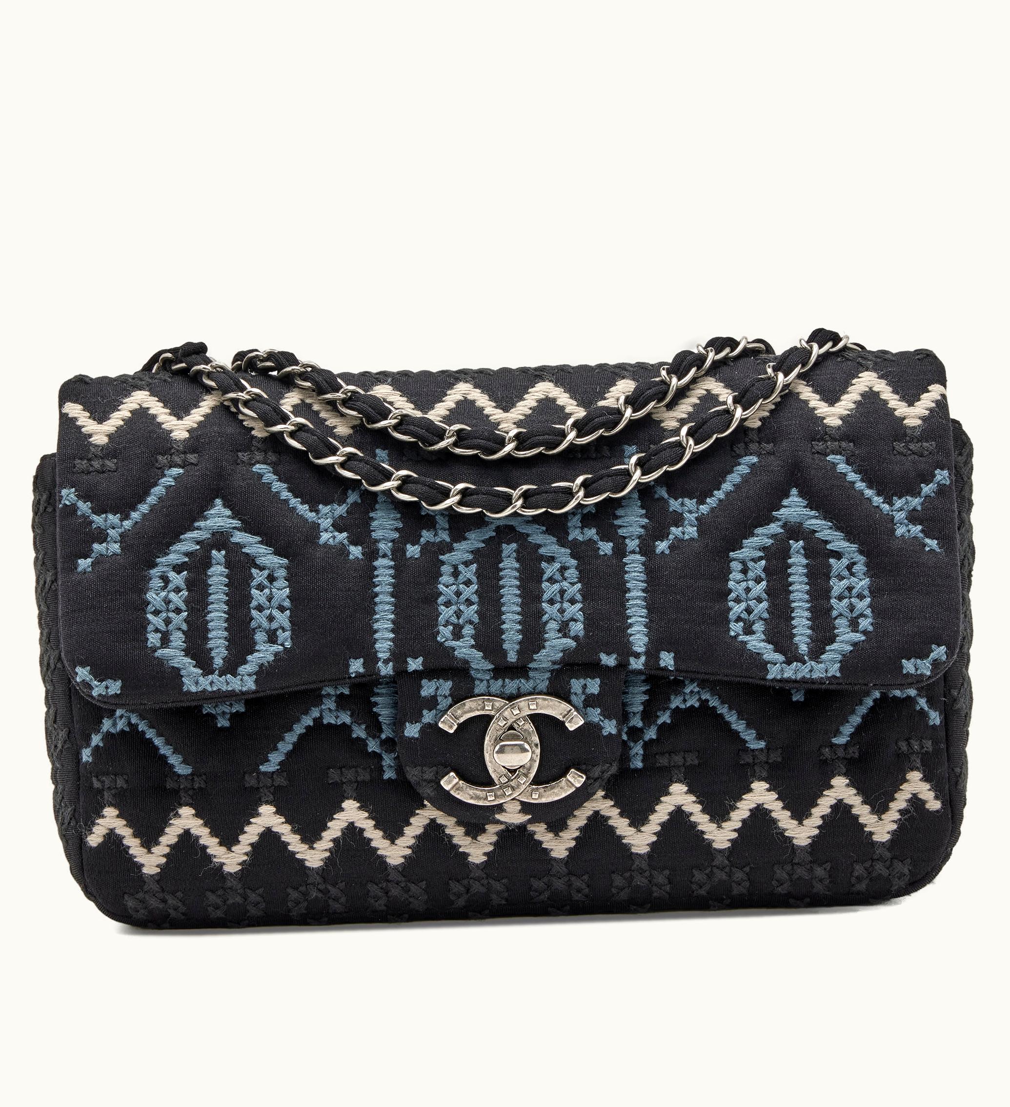 Chanel 2014 - 2015 Chanel Navy Blue Jersey Paris-Dallas Embroidered Flap Bag with Ruthenium Hardware