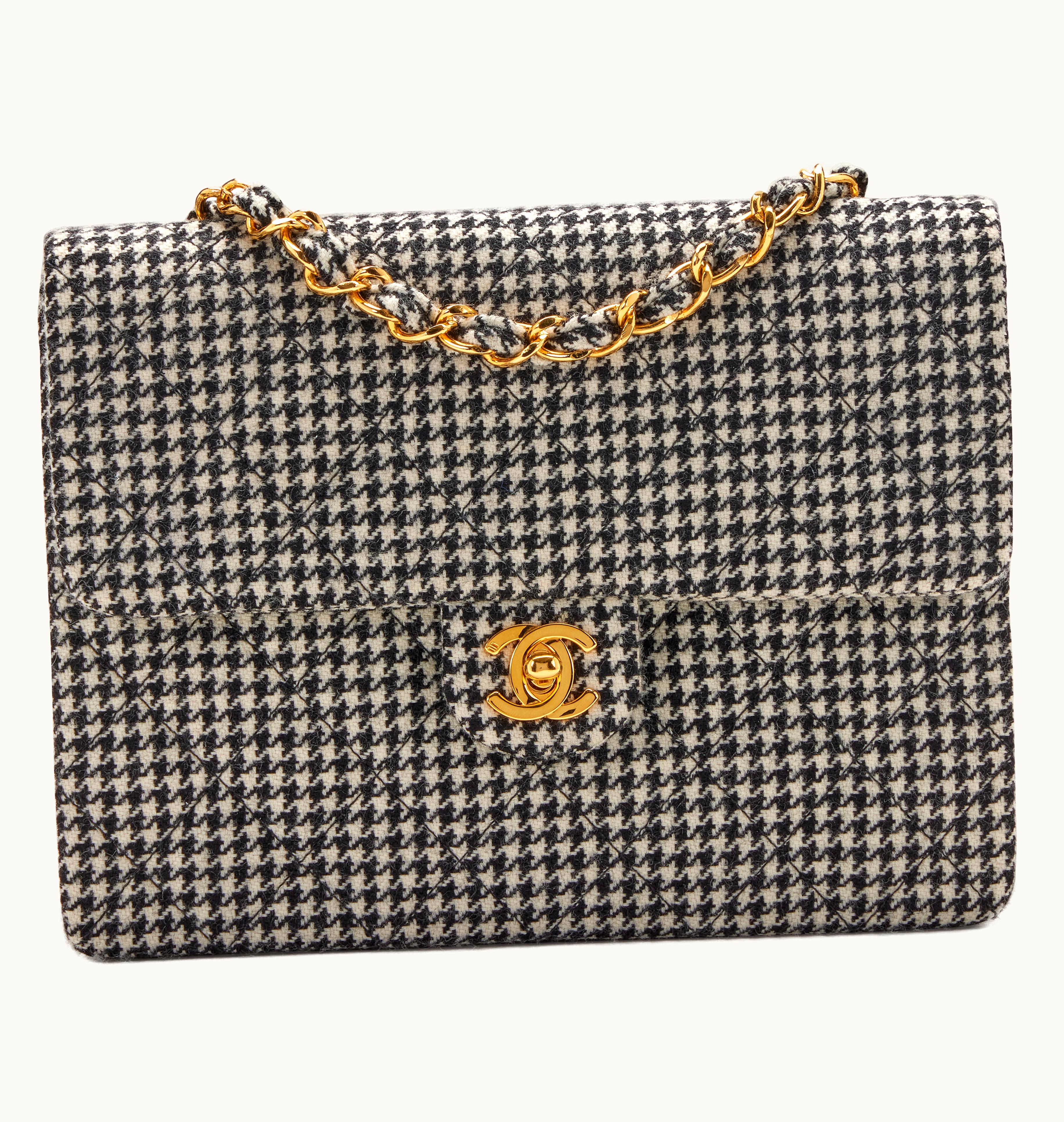 Chanel 1990s Quilted Wool Houndstooth Square Flap Chanel Handbag, with a Black and White Design and Gold Hardware