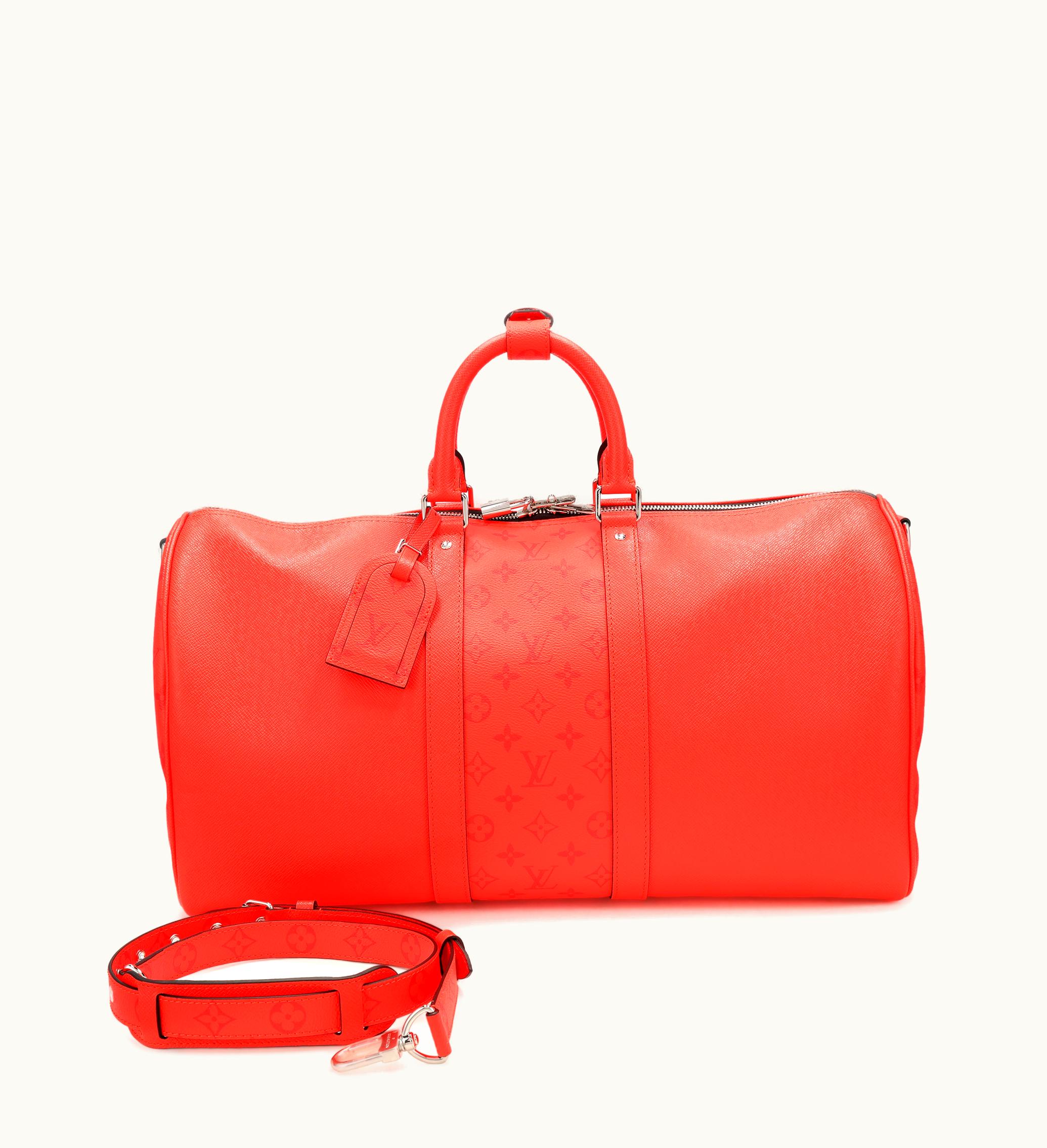 Louis Vuitton Keepall 50 in Red Monogram Canvas and Taiga with Silver Hardware, for the period of 2021-2022