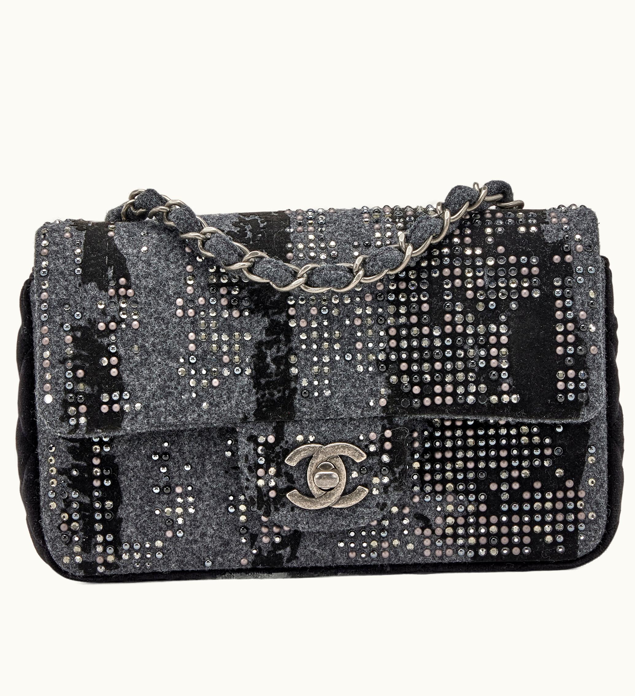 Chanel Mini Flap Ruthenium Hardware, Felt and Velvet in Black and Grey with Strass Embellishments, 2019