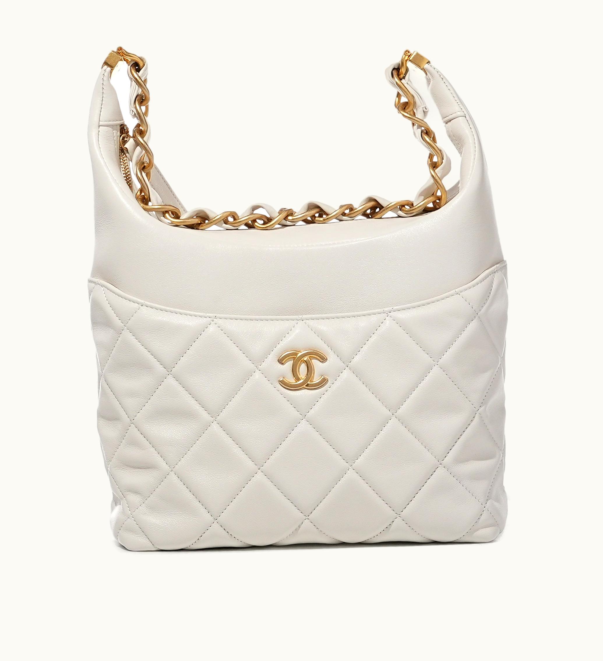 Chanel 2022 Chanel White Quilted Calfskin Hobo Bag featuring Gold Hardware