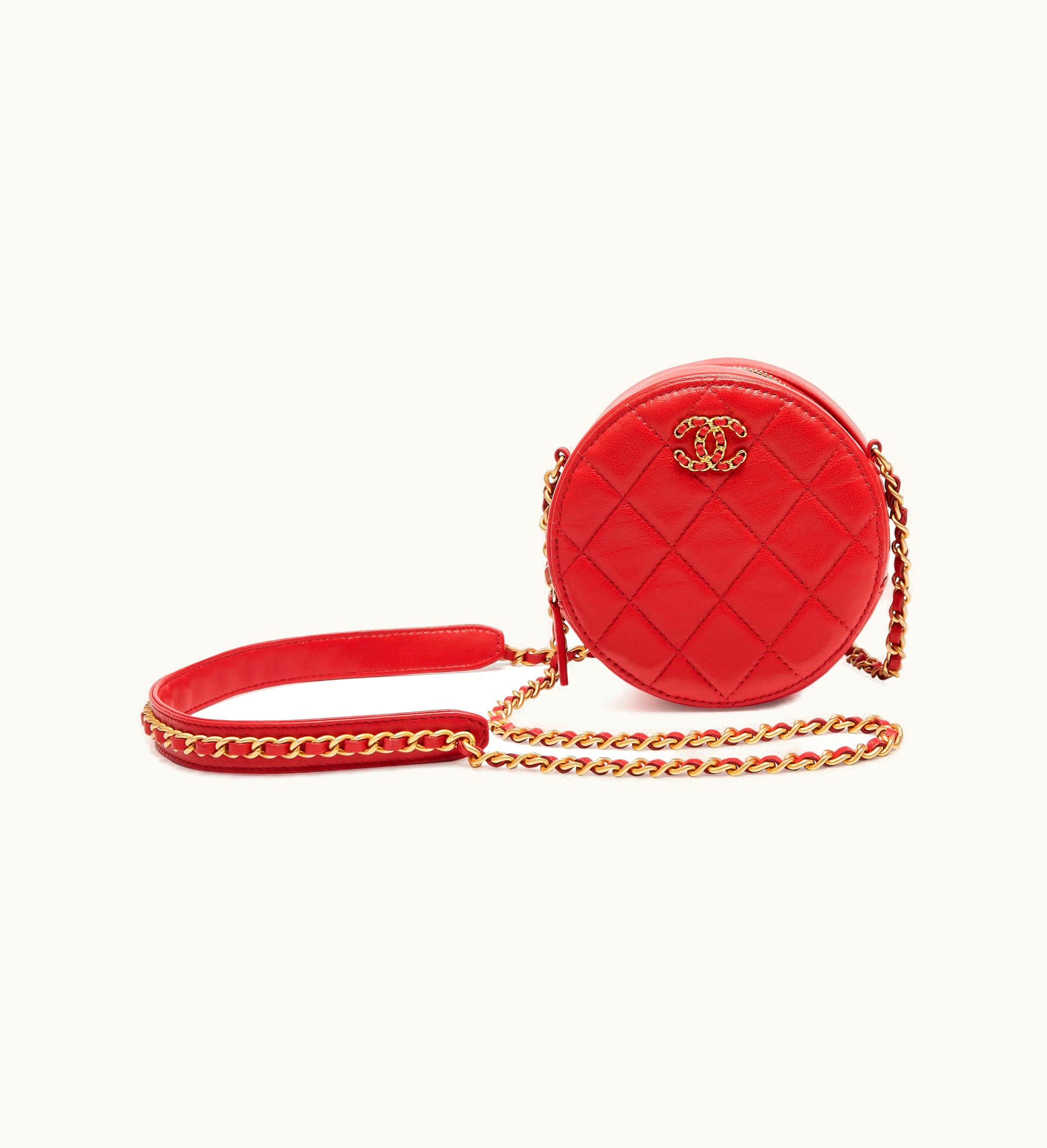 Chanel Gold Hardware Red Round 19 Clutch with Chain, crafted from luxurious quilted lambskin leather, in the year 2019