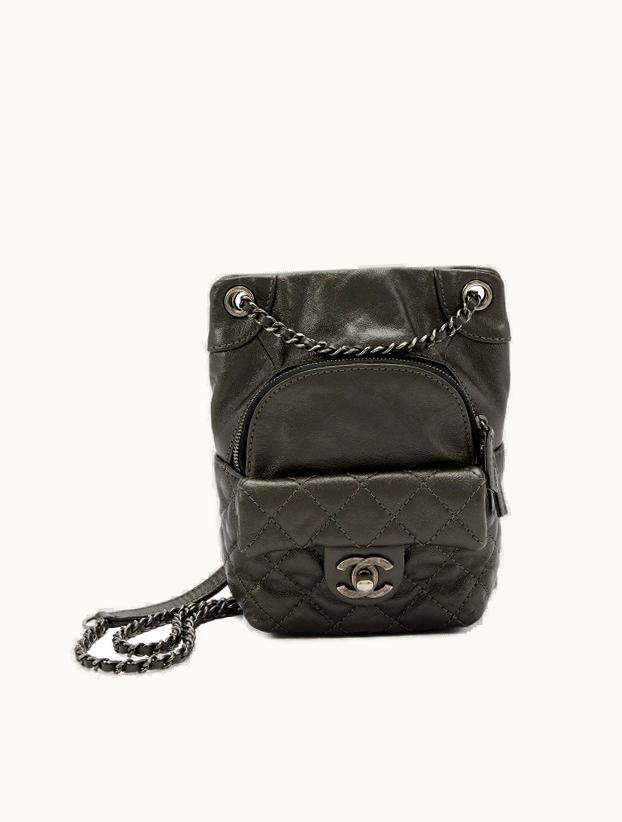 Chanel Metallic Pewter Quilted Calfskin Mini Backpack with Drawstring Closure, Ruthenium Hardware, 2015-2016 Collection
