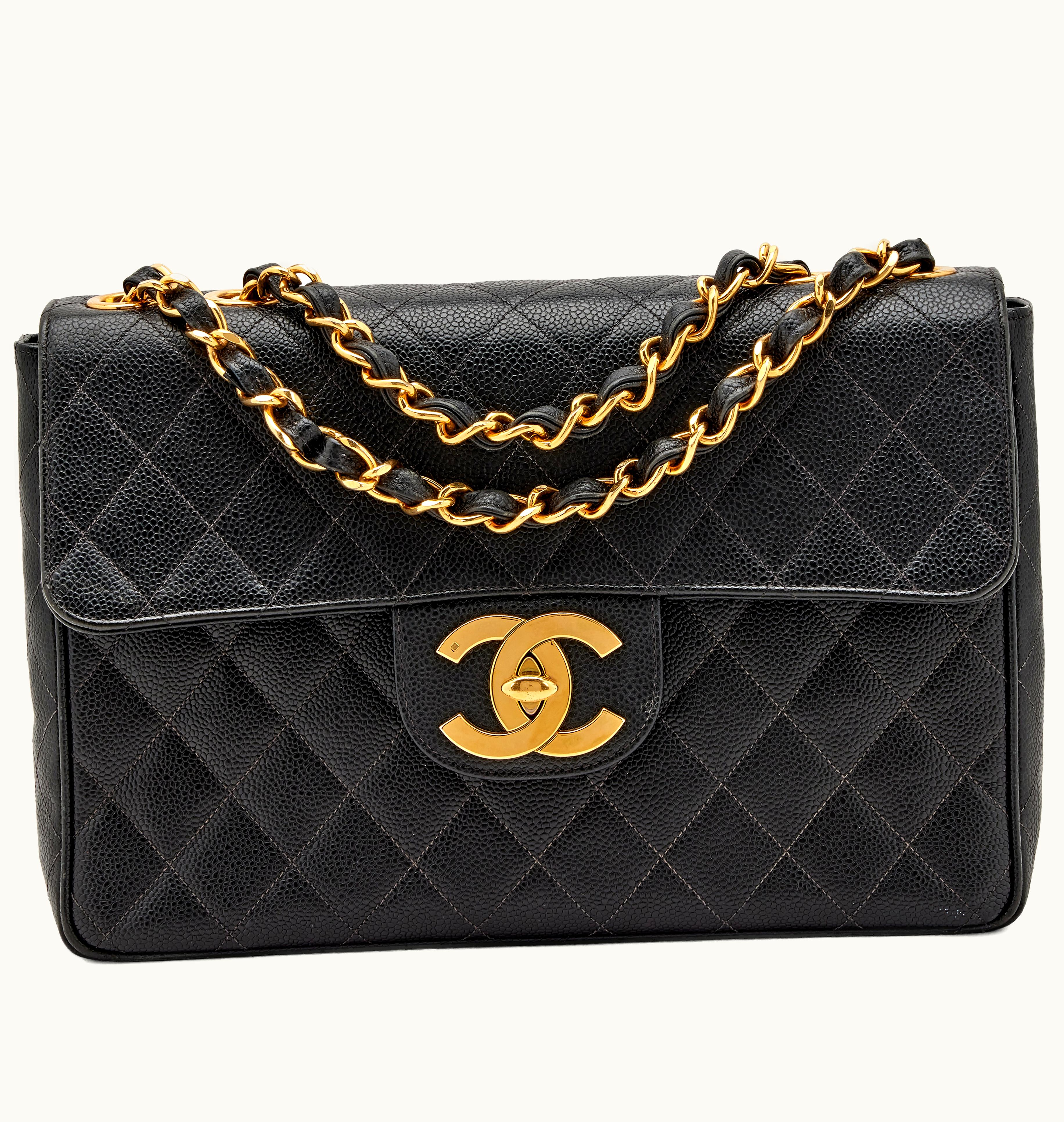 Chanel Oversized XL CC Gold Hardware Black Quilted Caviar Jumbo Classic Single Flap Bag, 1994-1996