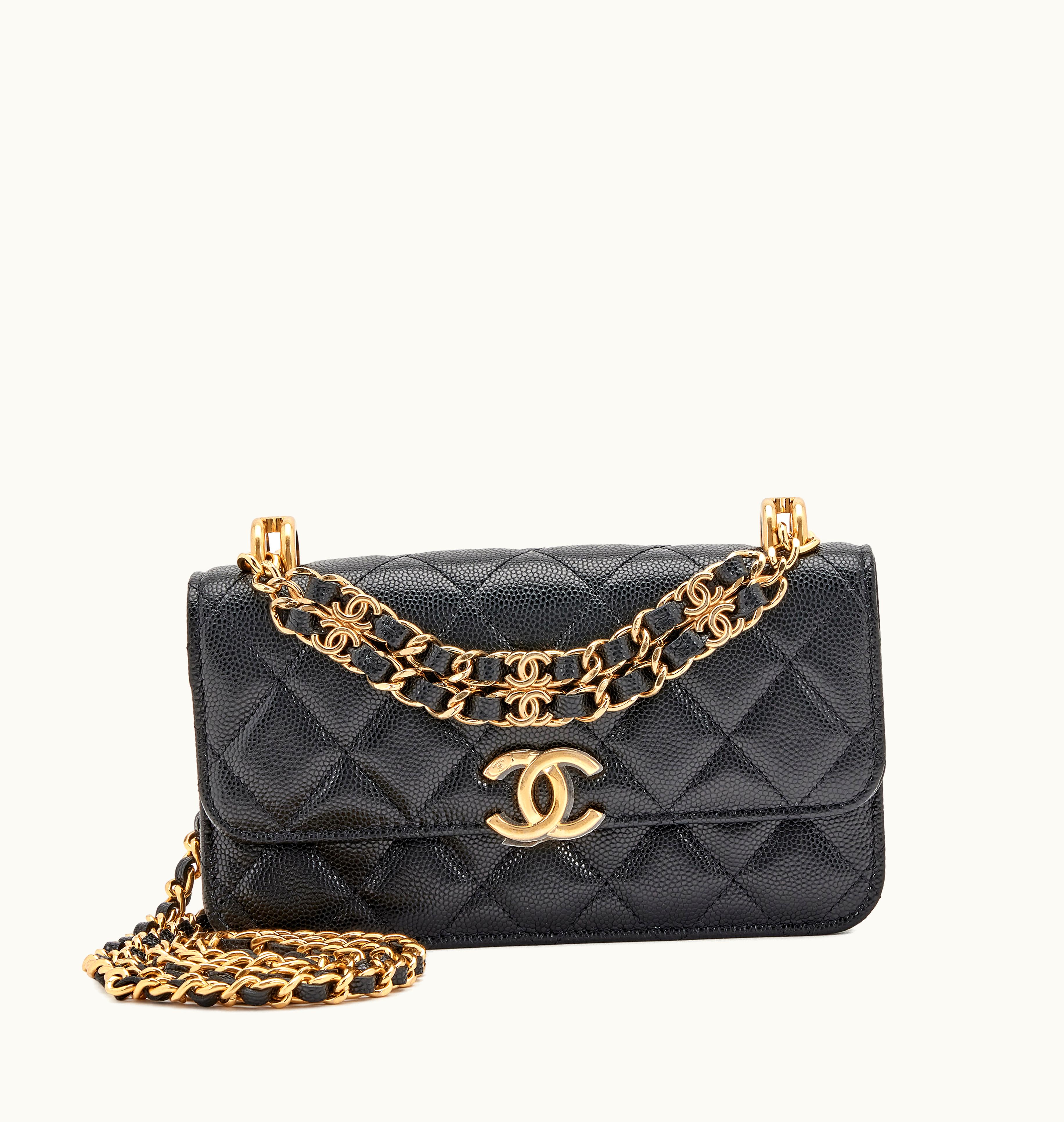 Chanel 2022 Chanel Black Lambskin Quilted Wallet on Chain featuring a Gold Hardware Chain Top Handle