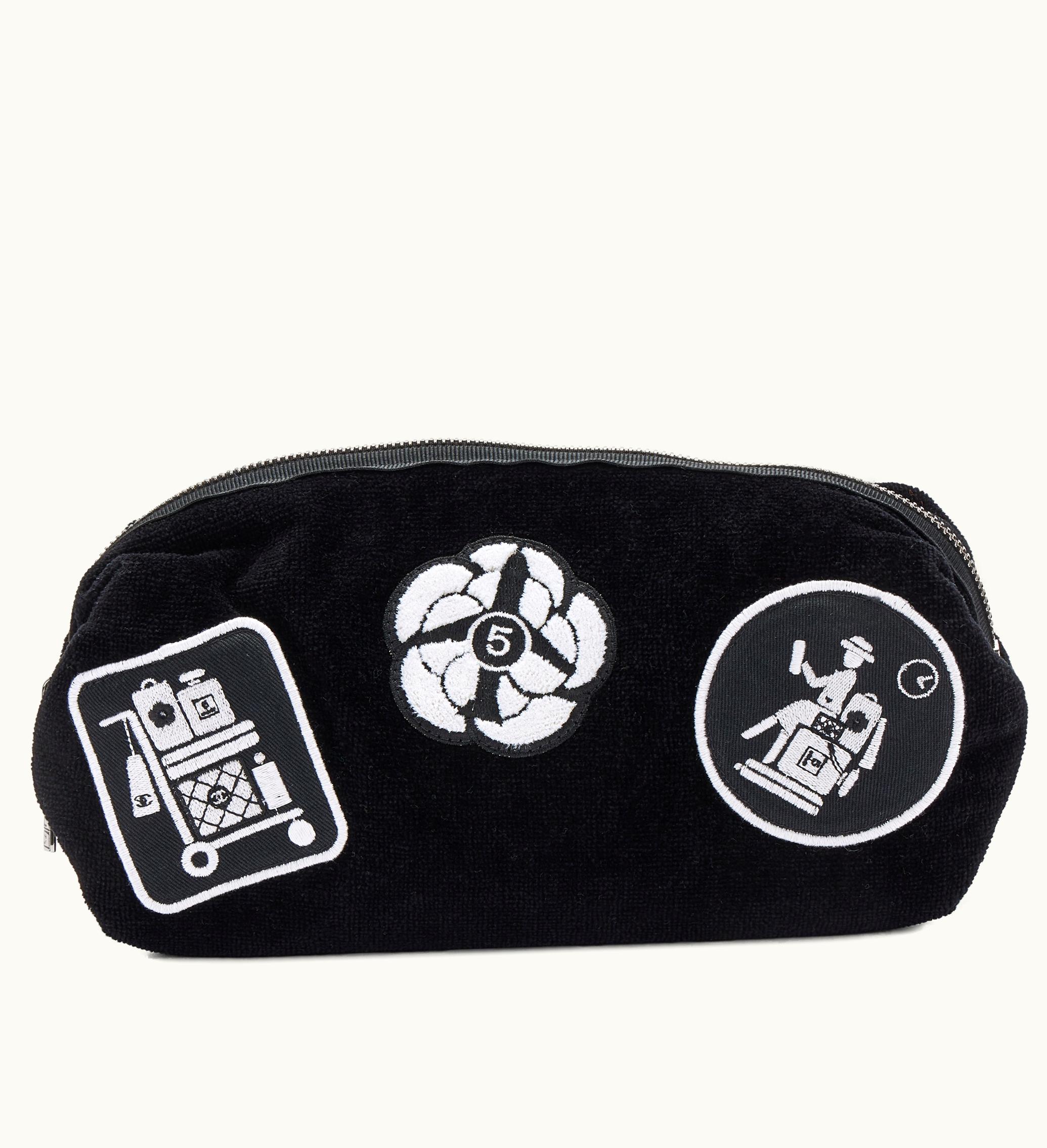 Chanel 2016 Chanel Camellia Pouch in Velour with Black and White Pattern and Silver Hardware
