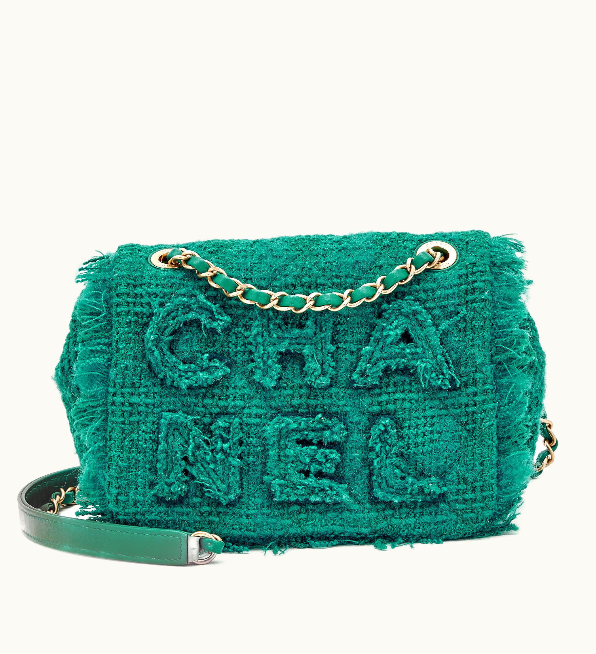 Chanel Chanel 2019 Green Quilted Wool Tweed Small Flap with Giant Logo and Gold Hardware