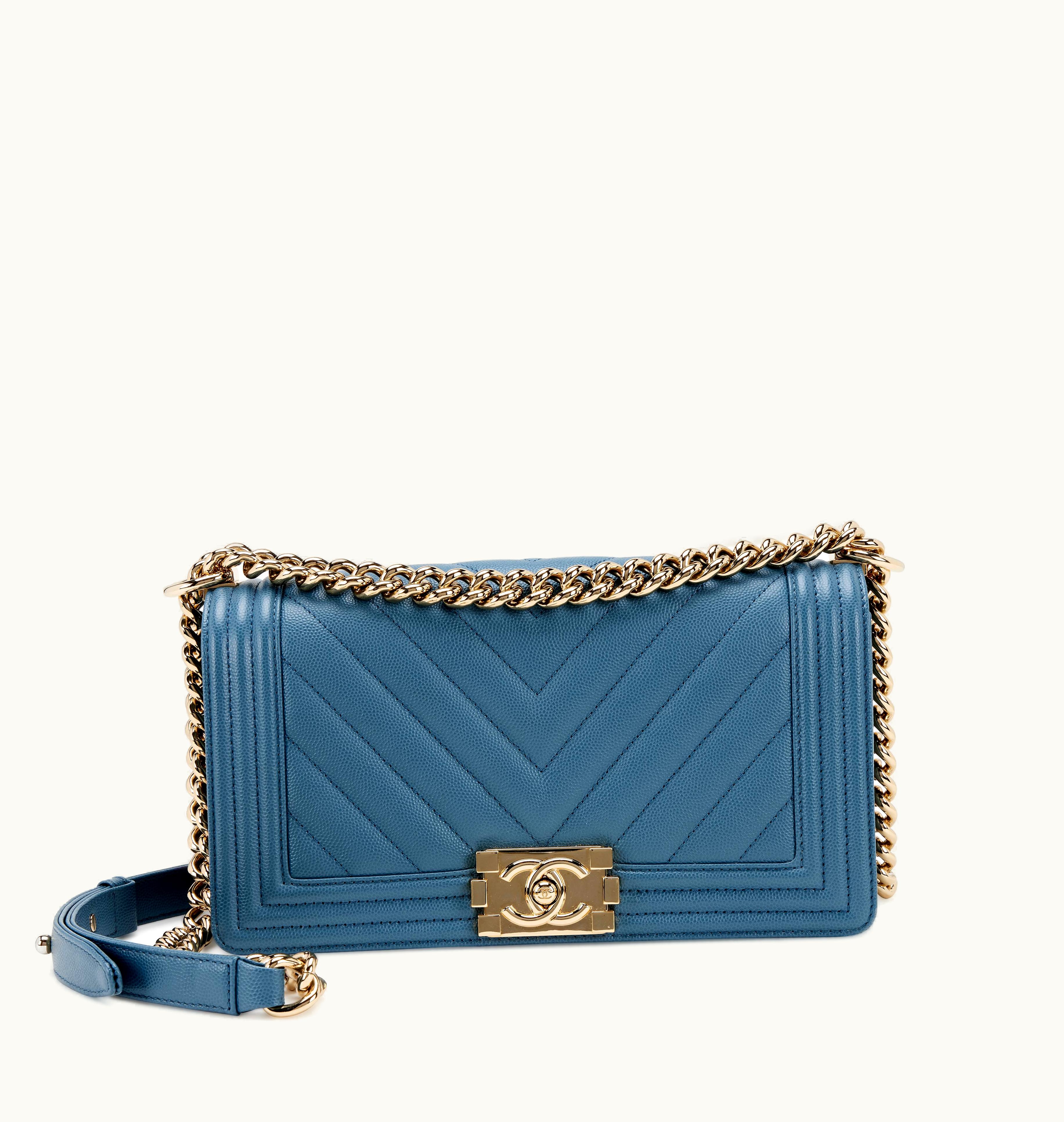 Chanel Chanel Pale Gold Hardware 2018 Chanel Blue Chevron Caviar Boy Bag, Old Medium Size