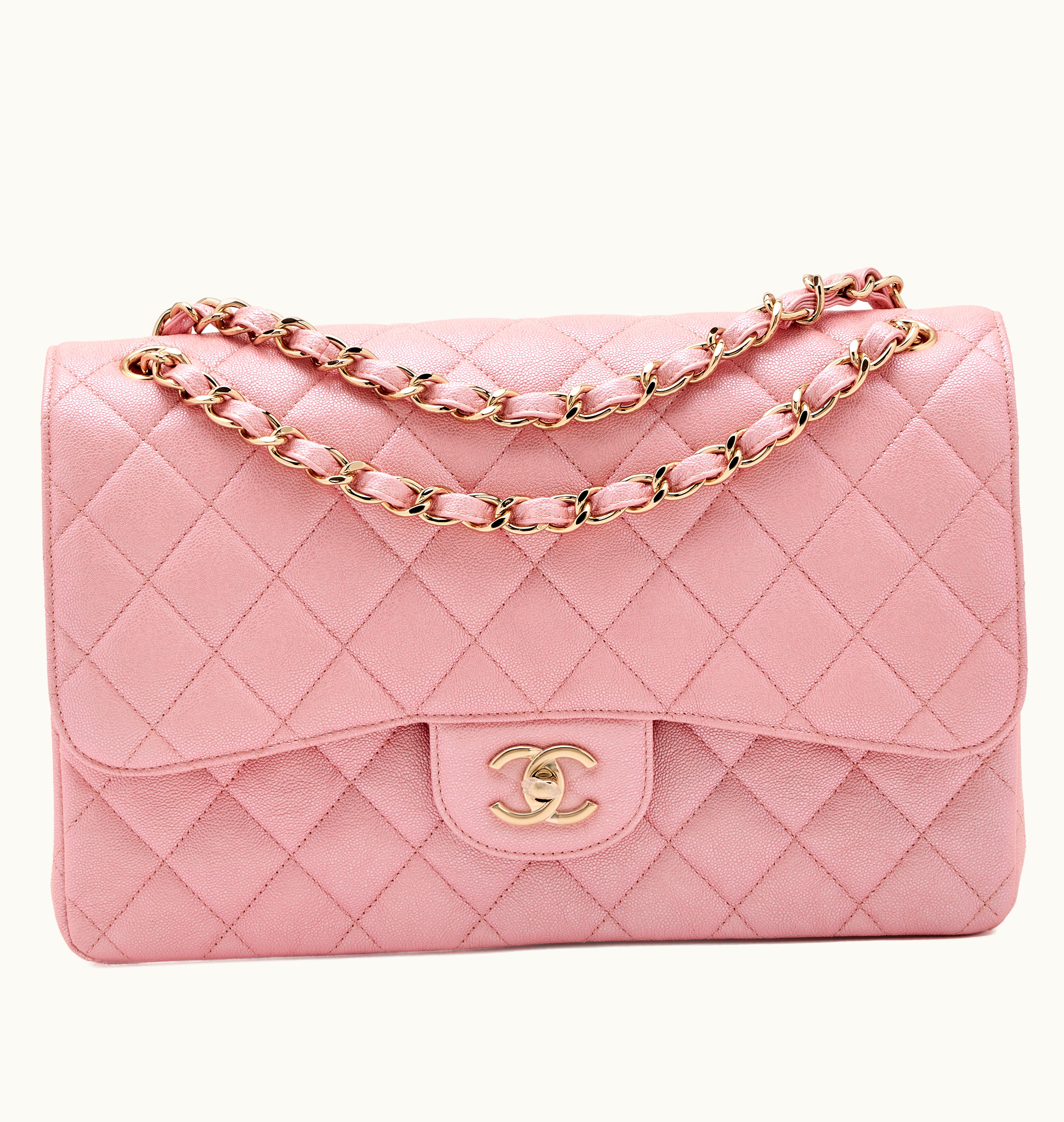 Chanel Chanel 2019 Chanel Pink Iridescent Quilted Caviar Jumbo Classic Double Flap Gold Hardware