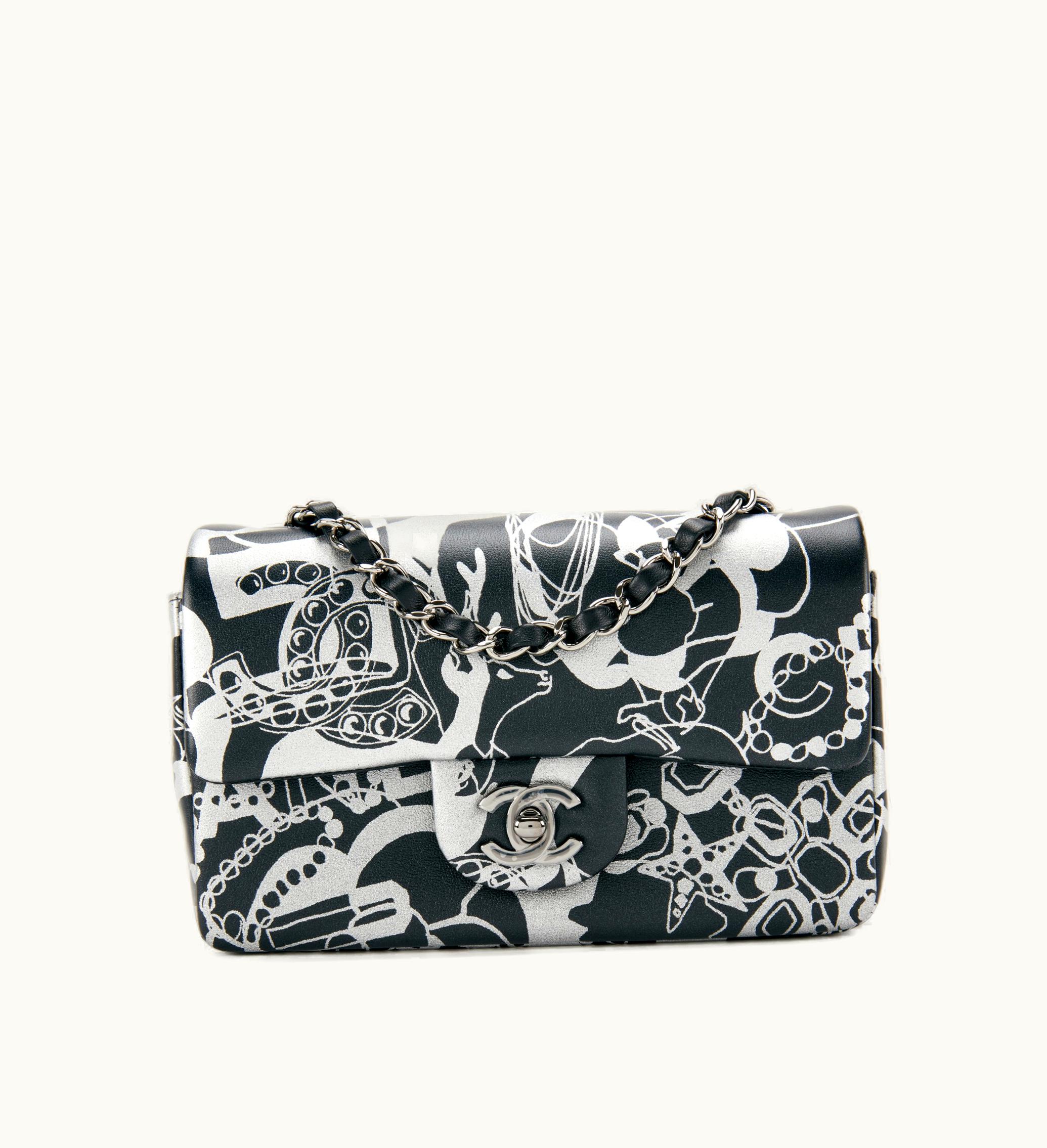 Chanel Chanel 2022 Chanel Mini Rectangular Flap with Dark Silver Hardware - Printed Lambskin in Black and Silver