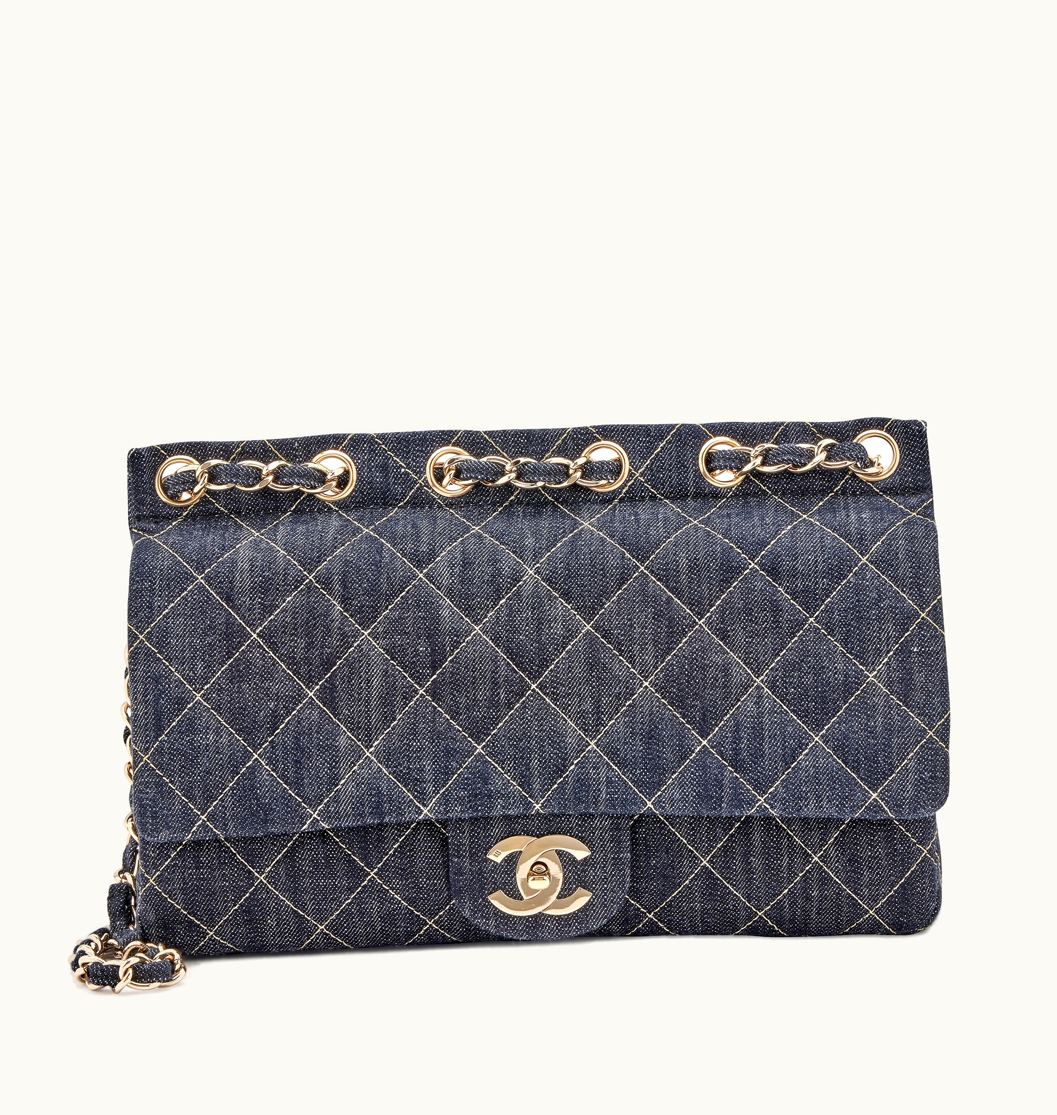 Chanel Chanel Jumbo Flap Bag with Gold Hardware in Navy Blue Quilted Denim, from the years 2005-2006, featuring a chain through design