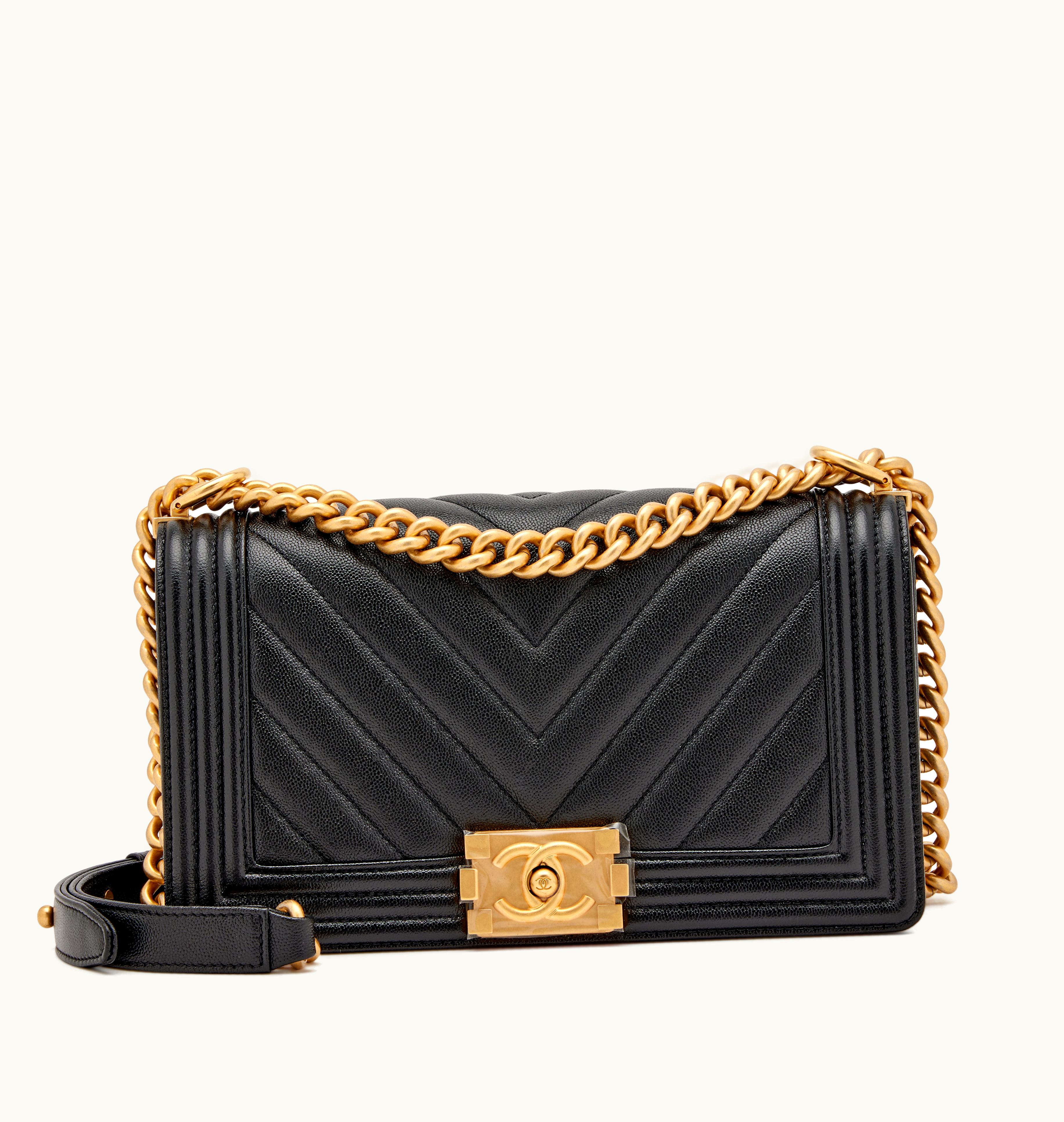 Chanel Chanel 2023 Chanel Old Medium Boy Bag - Antique Gold Hardware with Black Chevron Quilted Caviar