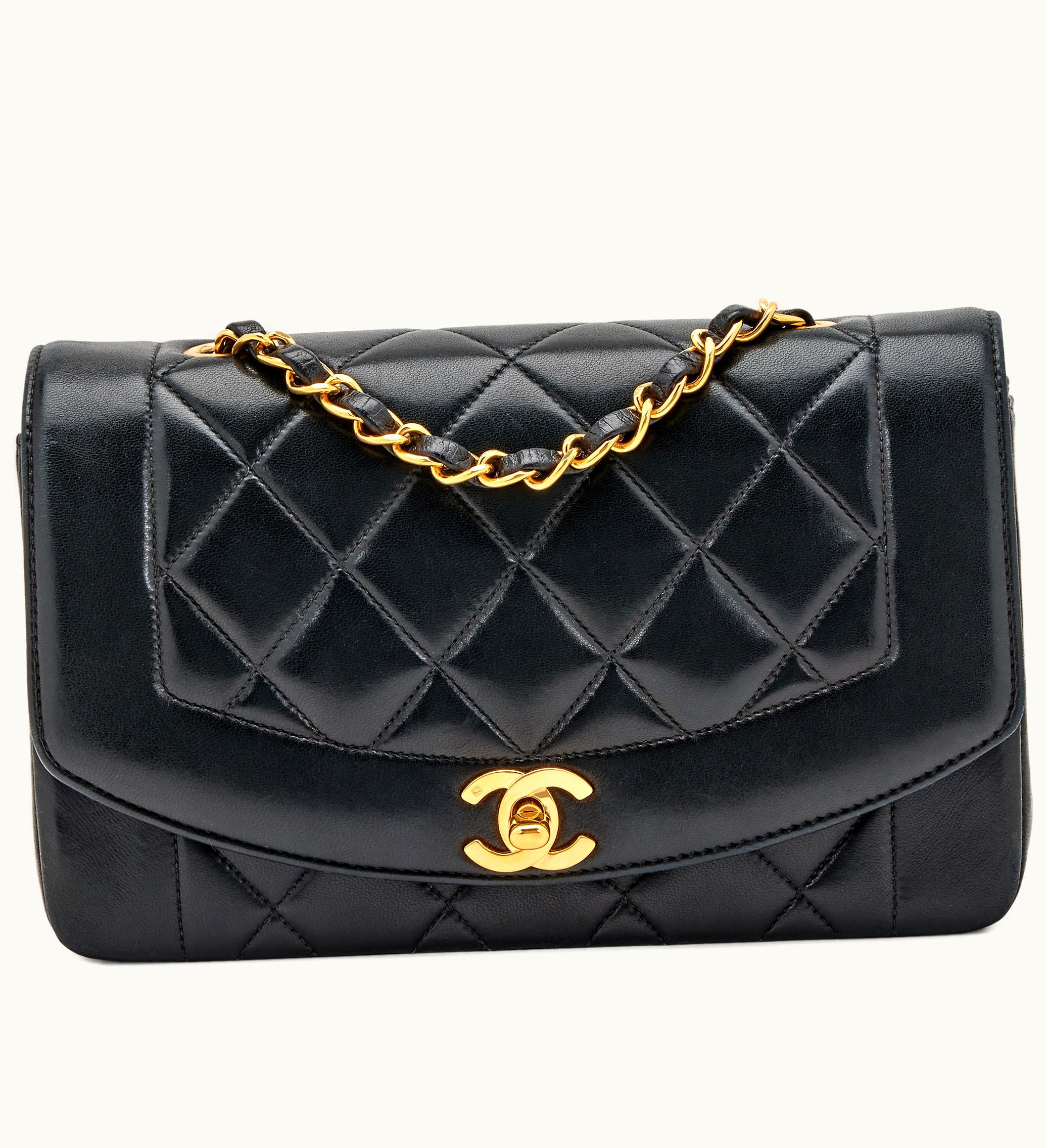 Chanel Chanel Small Diana Flap Bag with Gold Hardware in Quilted Black Lambskin, produced from 1991 to 1994, by Chanel