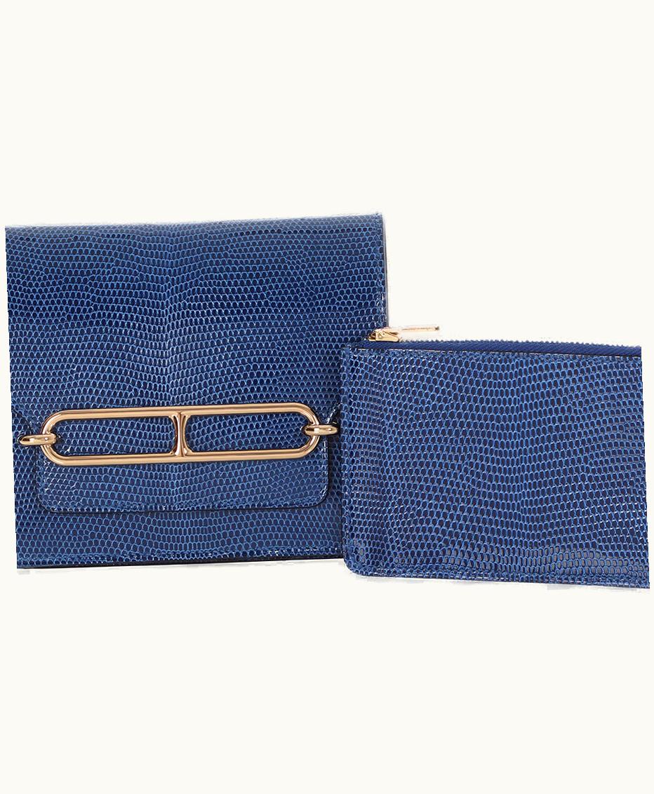 Hermès Hermès 2022 Hermès Blue Sapphire Shiny Lizard Roulis Wallet with Gold Hardware