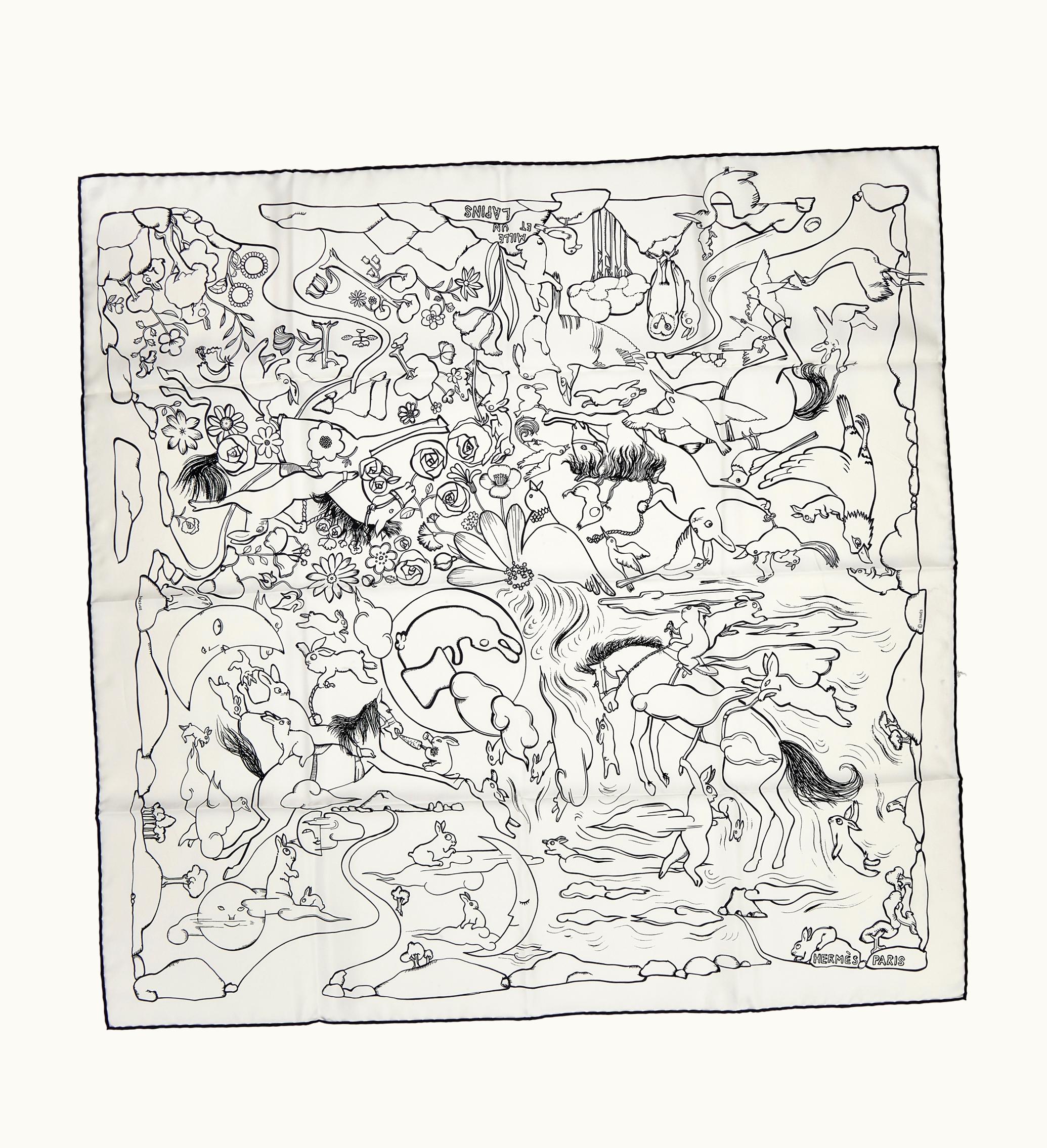 Hermès Hermès Black and White Silk Mille et Un Lapins Scarf 90 and Black Lacquer Quadrige Twilly Ring Permabrass Hardware