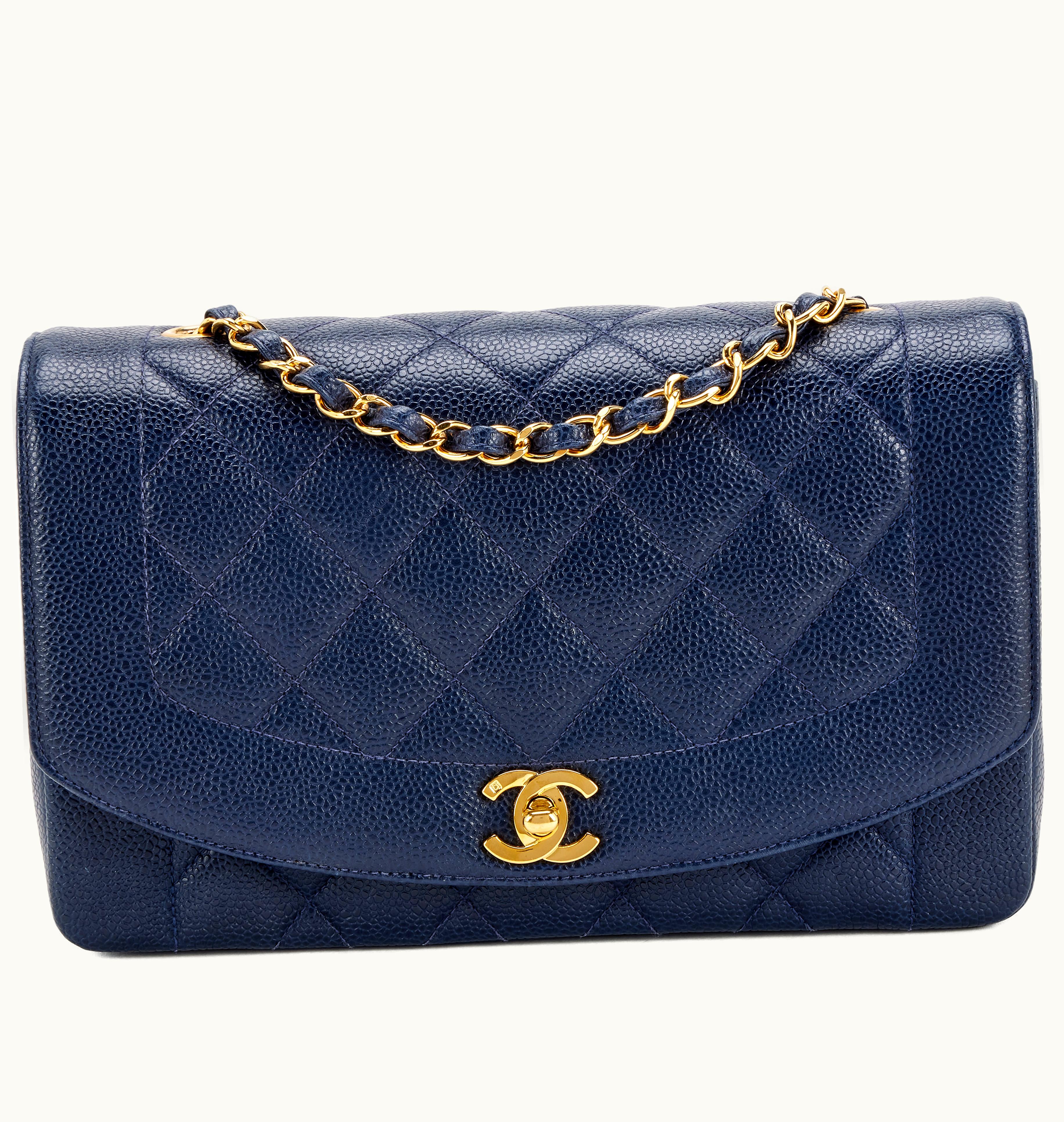Chanel Chanel Medium Diana Flap Bag with Gold Hardware in Navy Blue Quilted Caviar, produced between 1994 and 1996