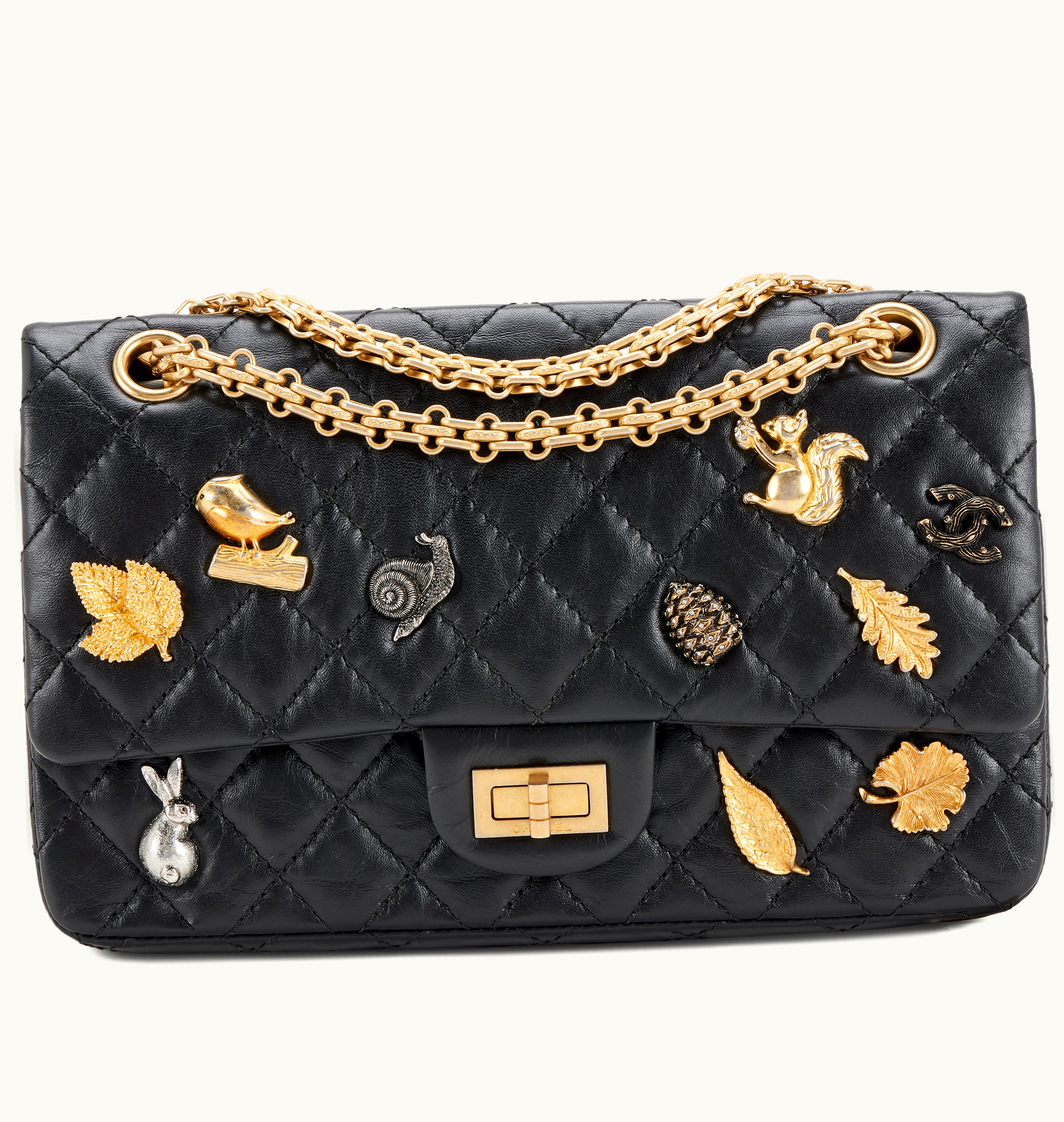 Chanel Chanel 2018 Chanel Reissue 2.55 Flap Bag in Black Quilted Aged Calfskin with Lucky Charms and Aged Gold Hardware, Size 225