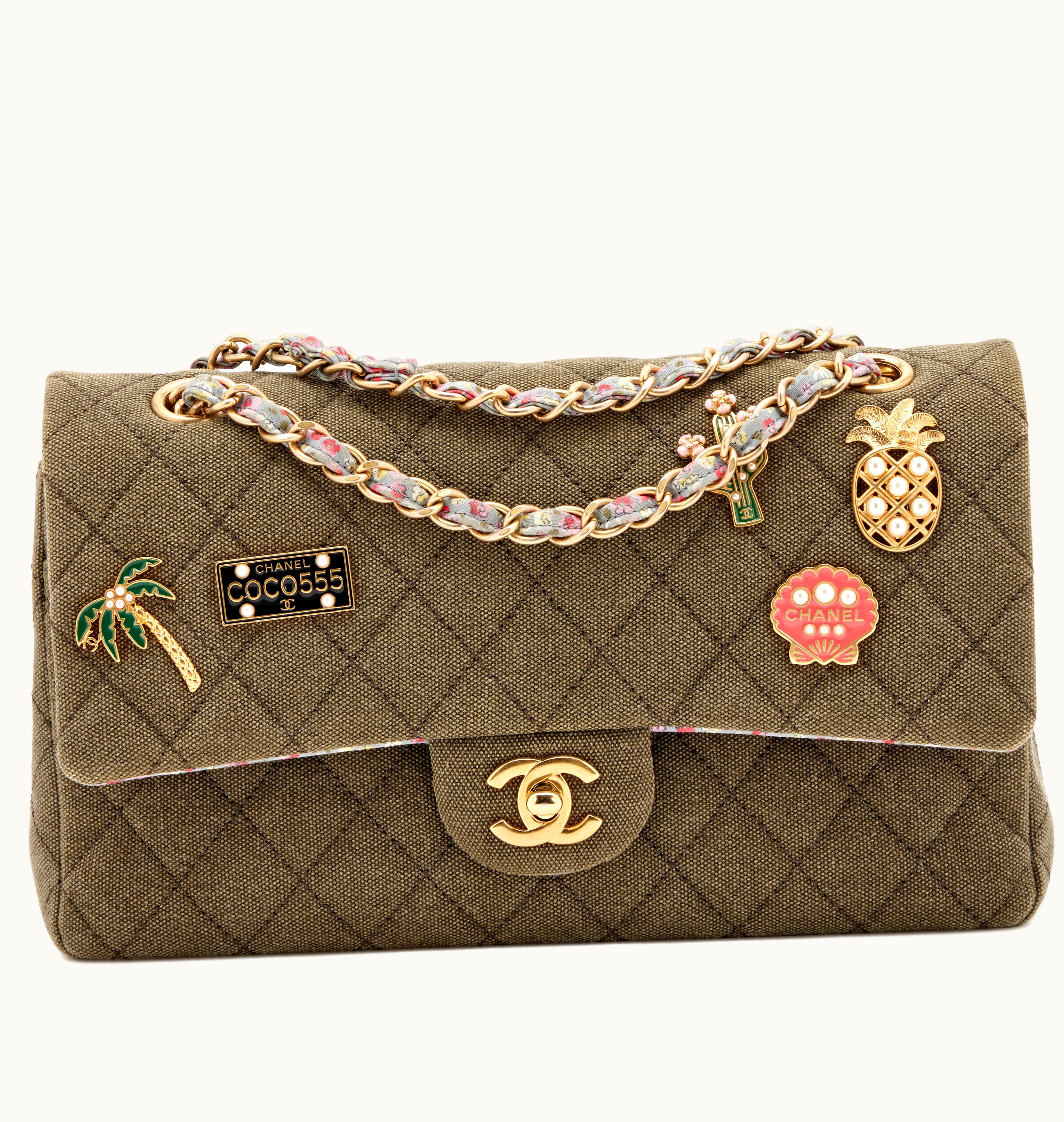 Chanel Chanel Coco Cuba Medium Classic Double Flap Bag with Khaki Quilted Canvas and Aged Gold Hardware, 2017, adorned with charms